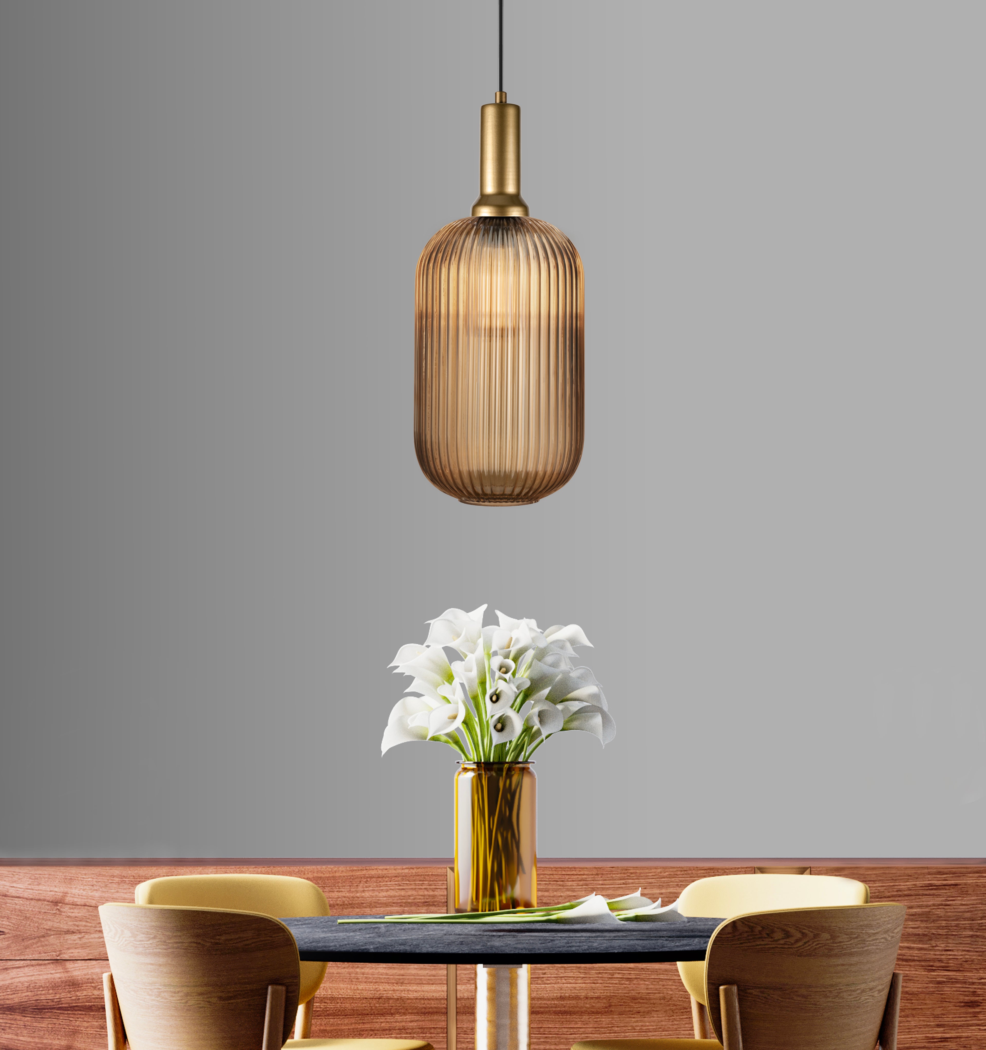 Amber Ribbed Glass Custom Made Modern Glass Pendant Light, Scandinavian Pendant Light for Kitchen Island, Large Hanging Glass Chandelier