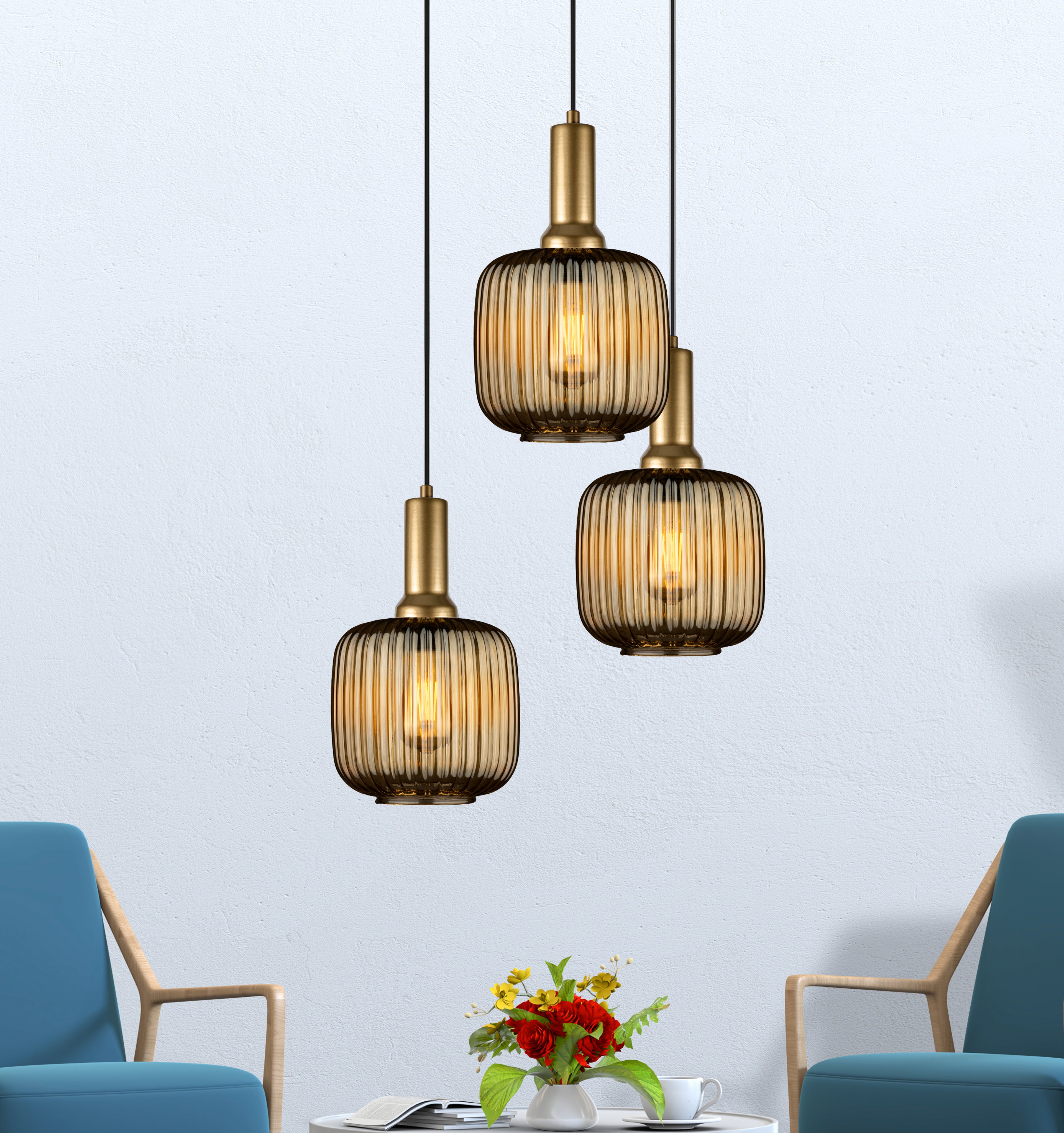 Amber Ribbed Glass Modern Pendant lighting, Custom Ribbed Glass Pendant Lighting, Multi Lighting for Stairwell Long Chandelier