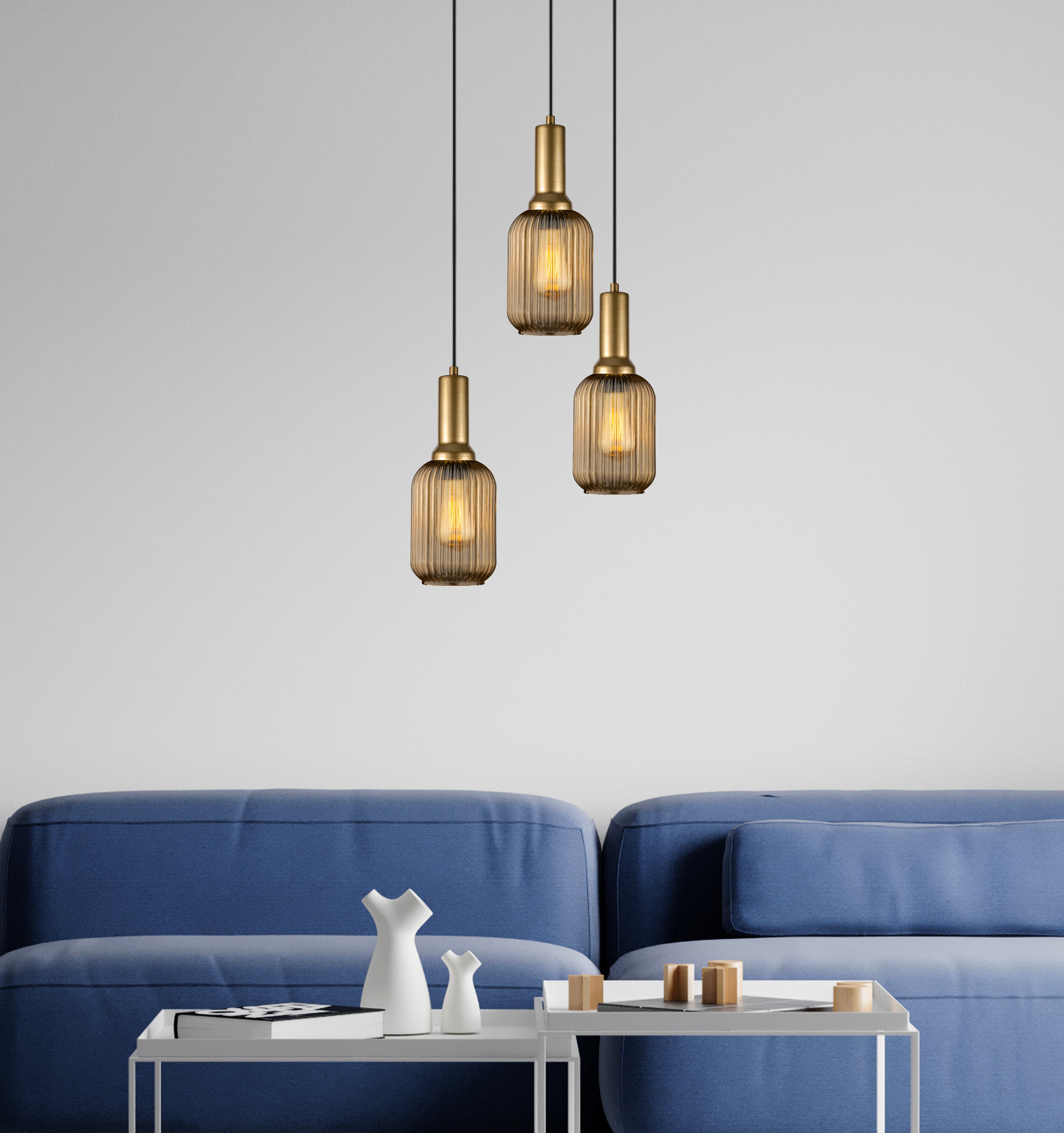 Amber Ribbed Glass Modern Pendant Lighting, Custom Glass Pendant Lighting, Elegant Multi Lighting for Stairwell Long Chandelier