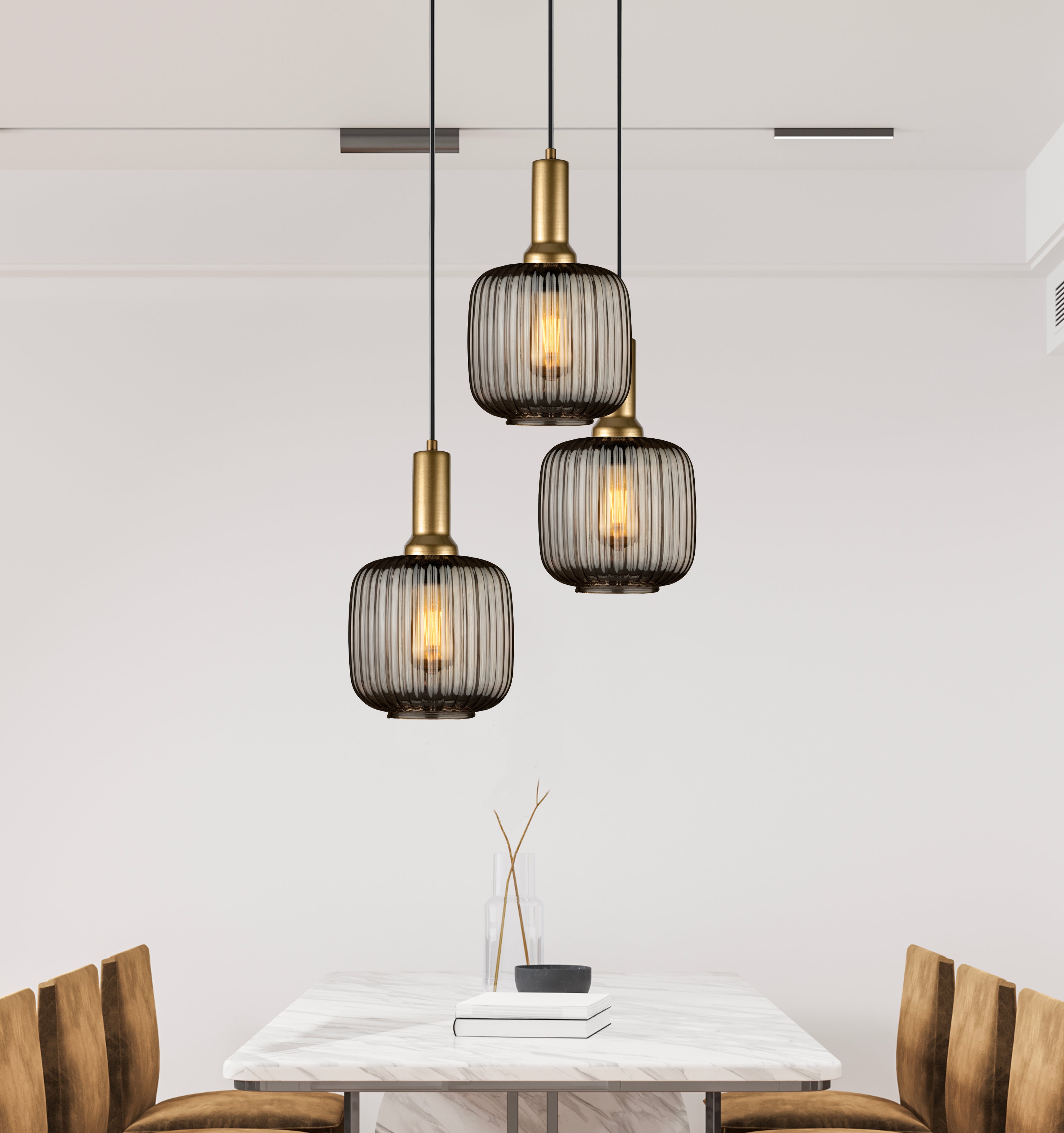 Amber Ribbed Glass Modern Pendant lighting, Custom Ribbed Glass Pendant Lighting, Multi Lighting for Stairwell Long Chandelier