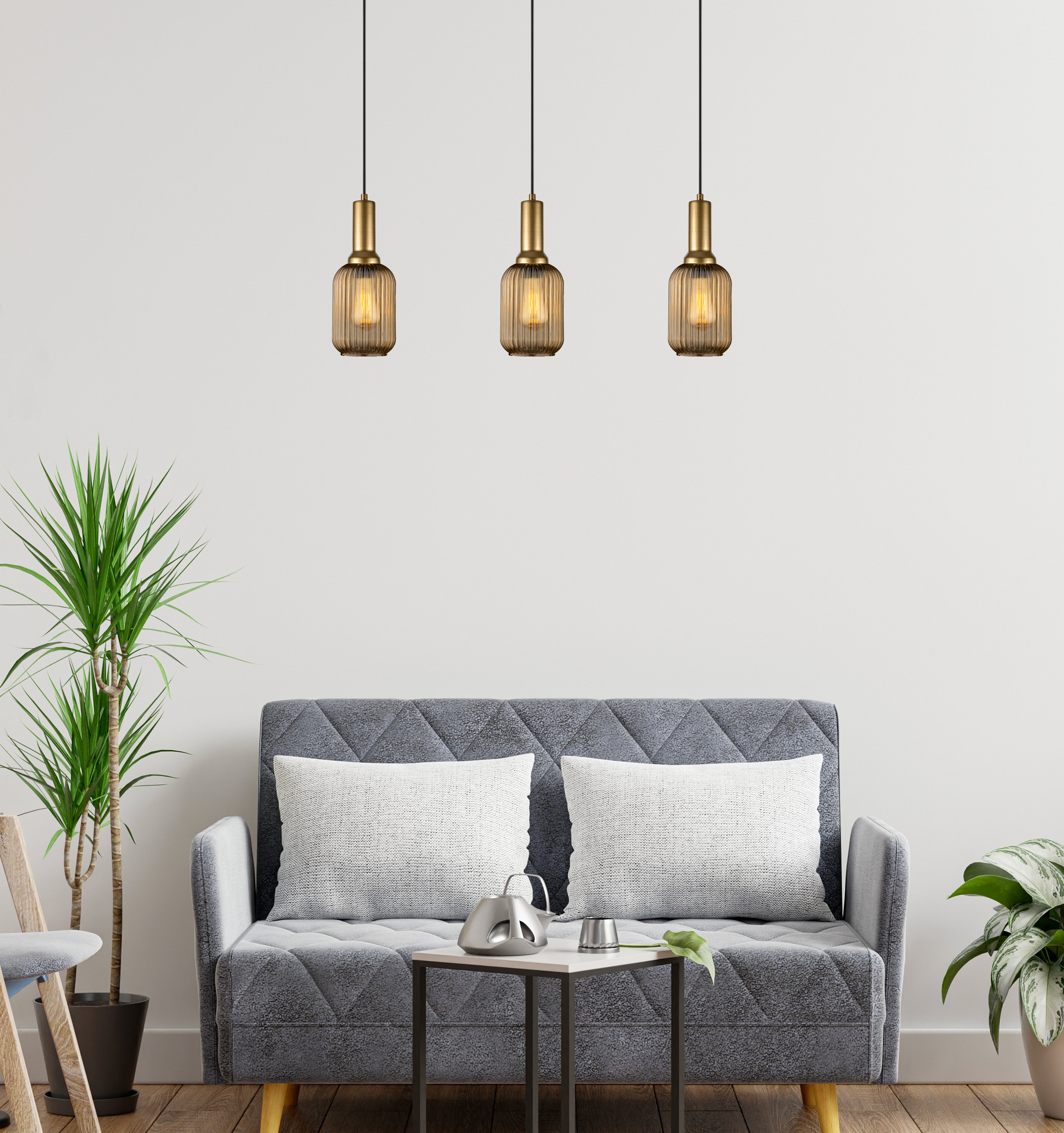 Amber Ribbed Modern Glass Pendant Lighting, Custom Ribbed Glass Pendant Lighting, Elegant Multi Lighting for Stairwell Long Chandelier