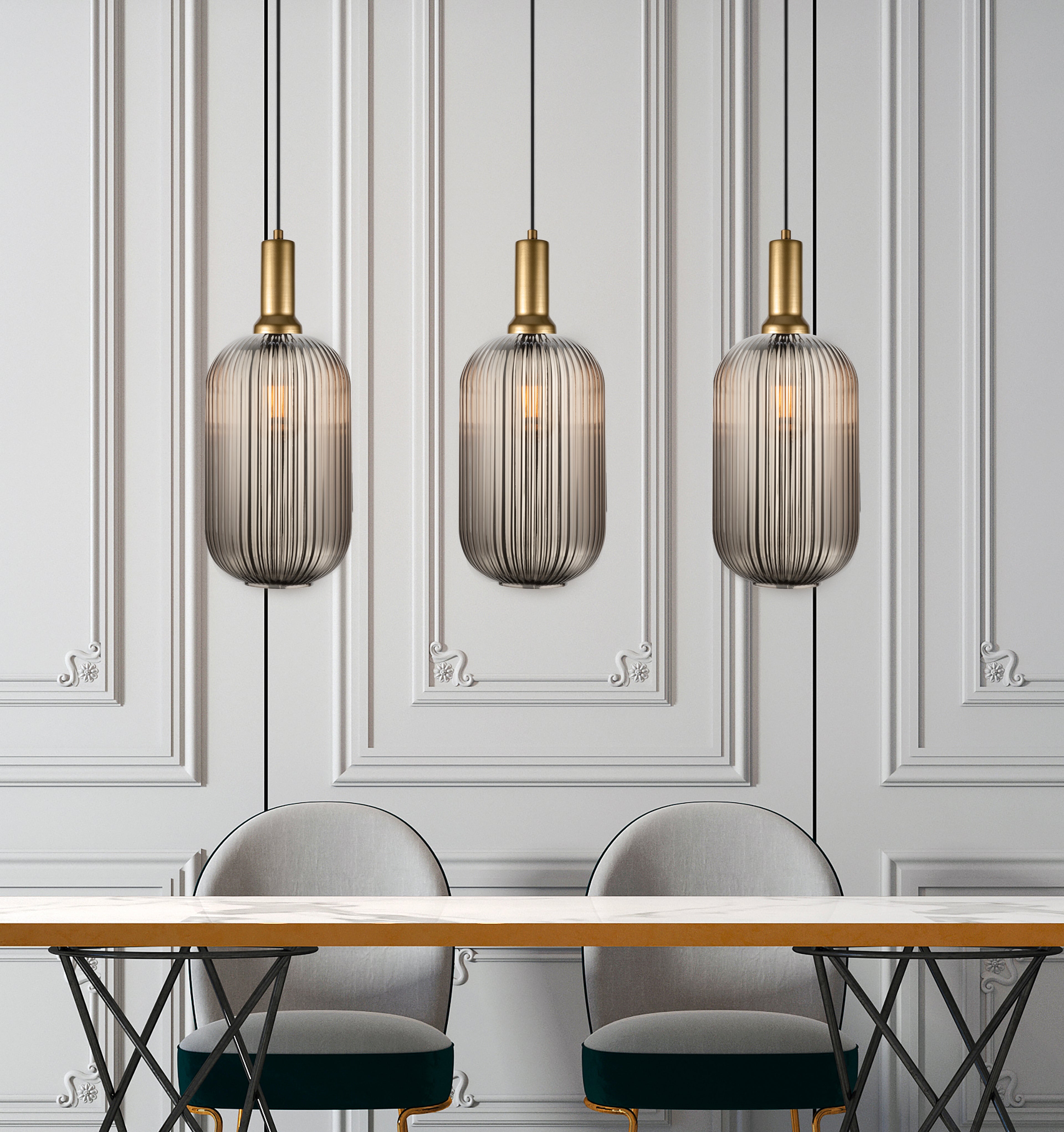 Custom Linear Pendant Lighting with Smoke Glass, Adjustable Cable Lengths and Canopy Sizes for Interior Design Projects