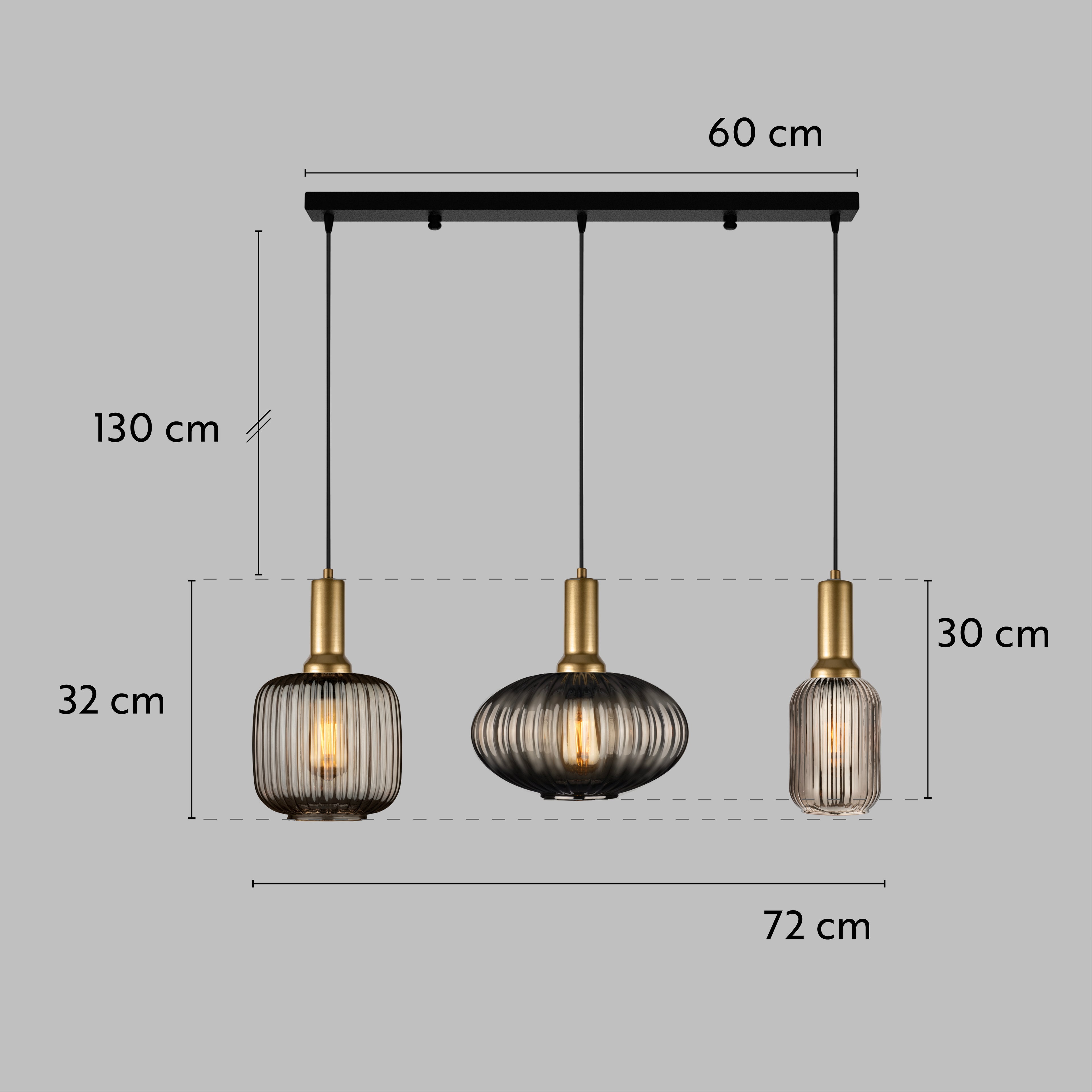 Linear Canopy Chandelier Mid Century Modern Smoky Gray Ribbed Glass 3 Different Shape, Amber-Clear-Milk Options, Symmetrical Vertical Groves, Custom Details Fixture (Kopya)