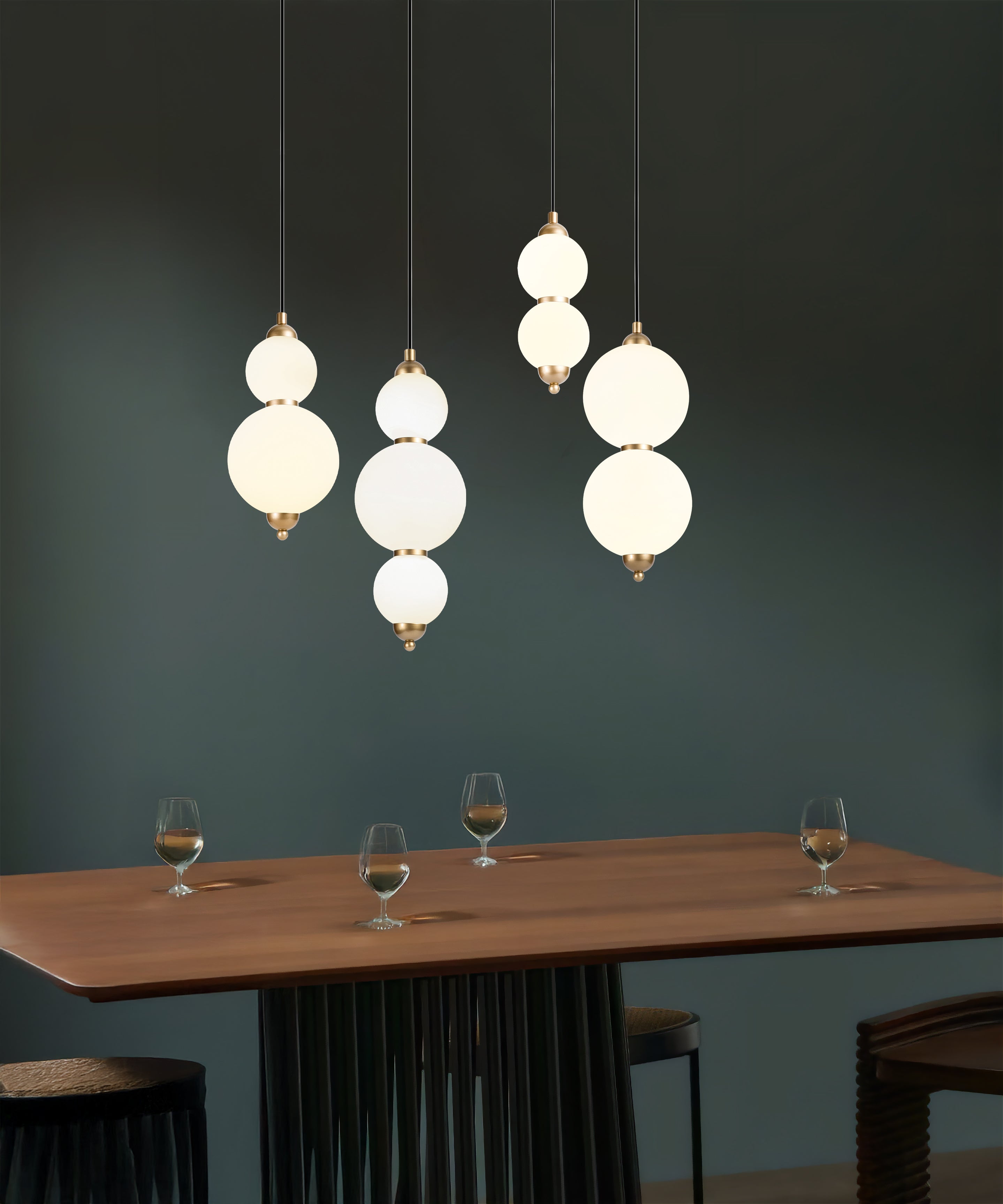 Custom Modern Linear Canopy LED Chandelier for Dining Table or Kitchen Island, Minimalist Opal Globe Pendant Light, Contemporary Linear Globe Light