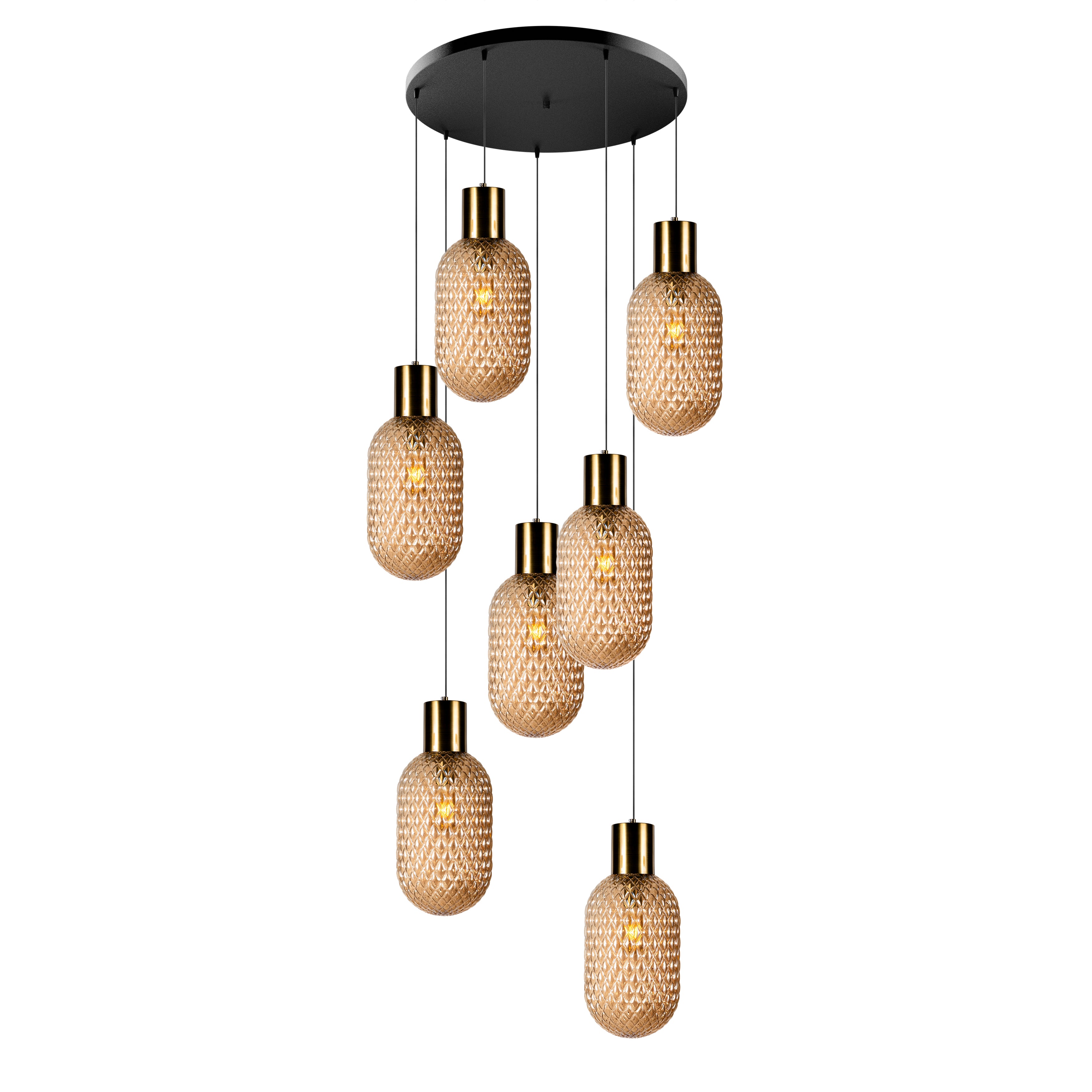 Custom Amber Glass Multi Pendant Light, Oval Lampshade Amber Textured Glass, Stairwell Pendant Lighting,  Custom Chandelier for Staircase