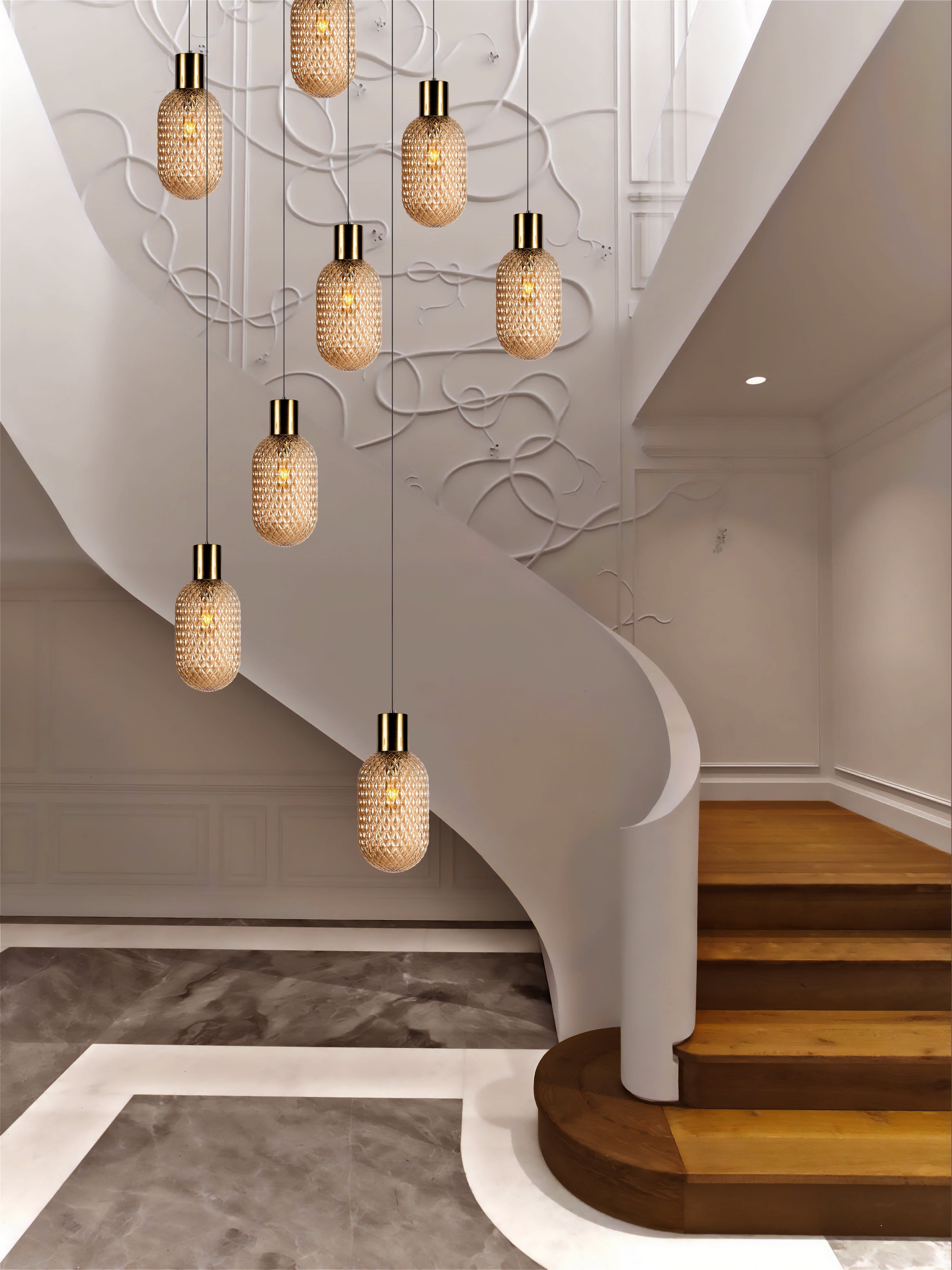 Custom Amber Glass Multi Pendant Light, Oval Lampshade Amber Textured Glass, Stairwell Pendant Lighting,  Custom Chandelier for Staircase