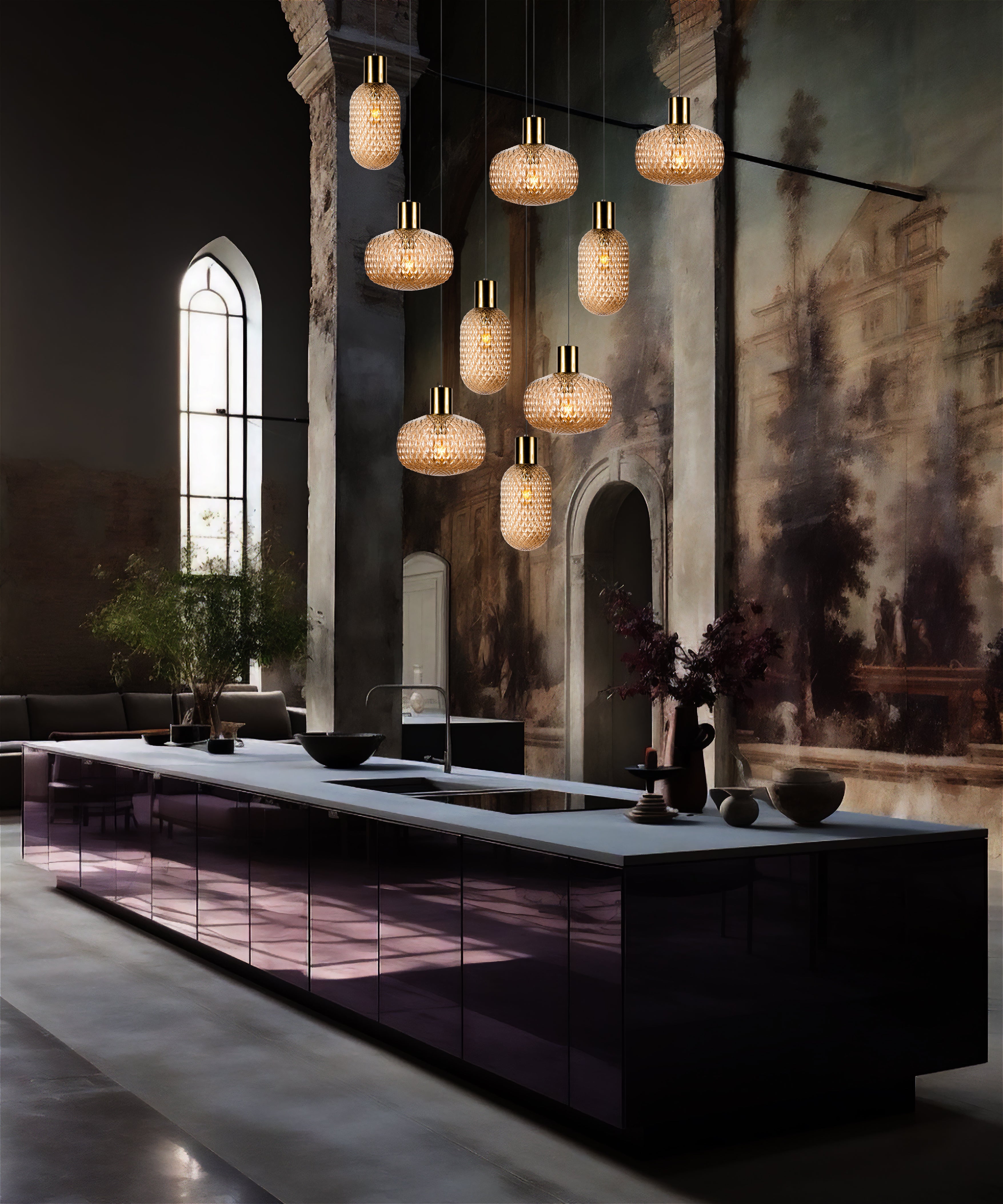 Custom Amber Glass Multi Pendant Light, Oval Lampshade Amber Textured Glass, Stairwell Pendant Lighting,  Custom Chandelier for Staircase