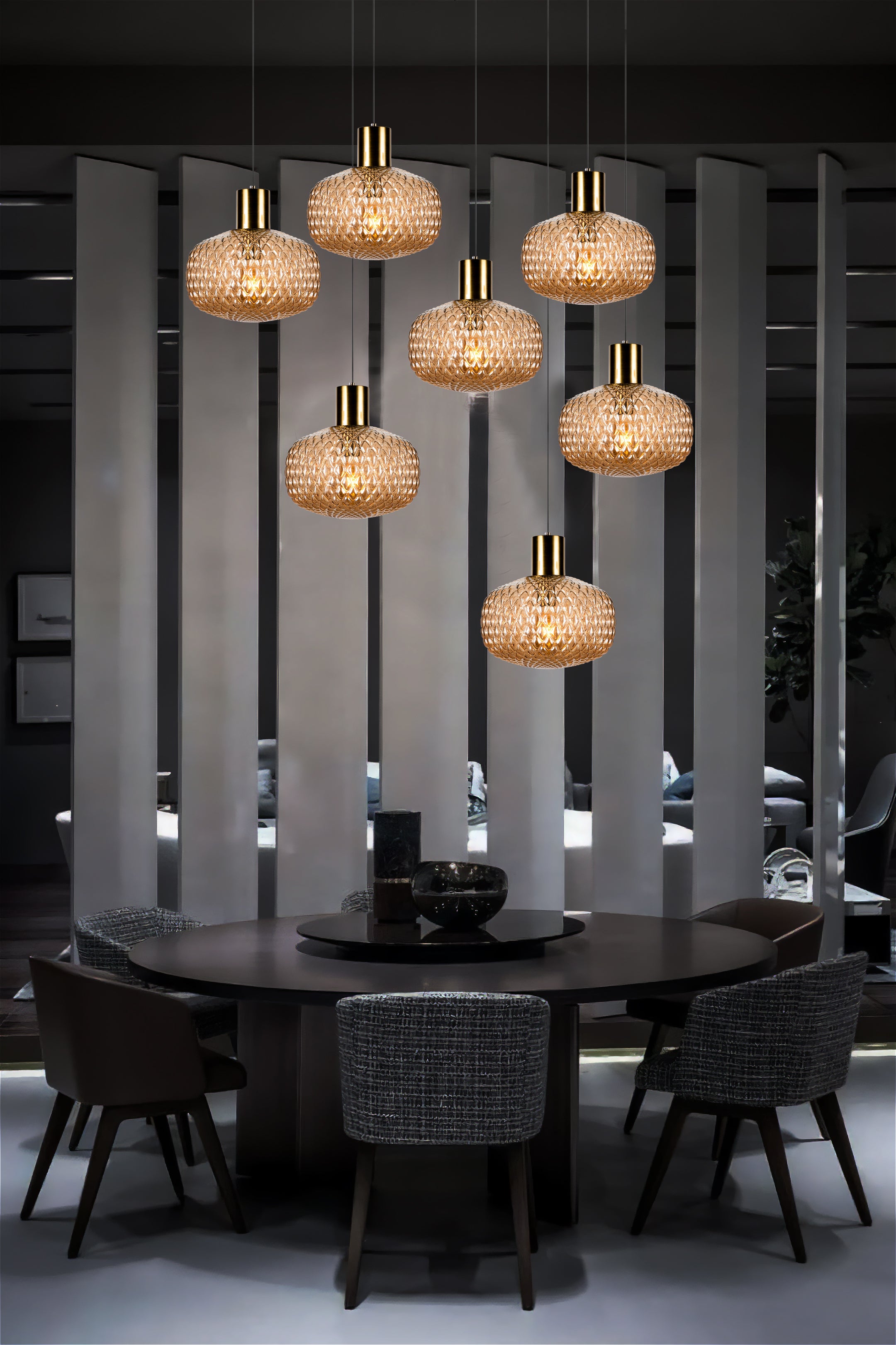 Custom Amber Glass Multi Pendant Light, Oval Lampshade Amber Textured Glass, Stairwell Pendant Lighting,  Custom Chandelier for Staircase