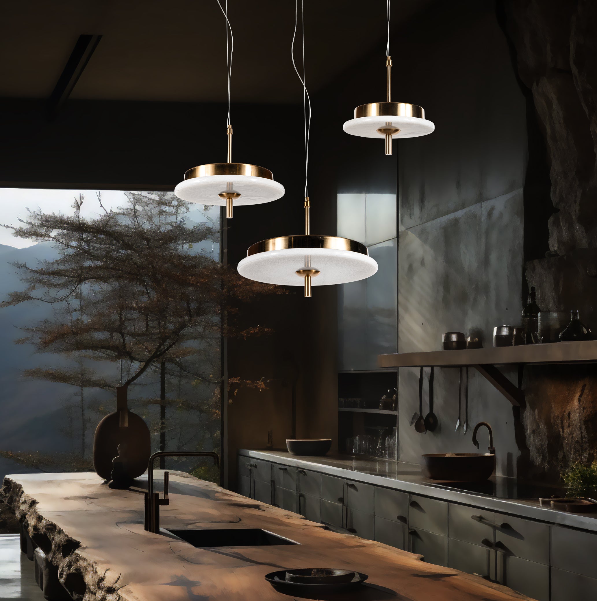 Luxury Marble LED Pendant Light for Dining Table & Kitchen Island – Custom Brass Fixture, Natural Stone Disc Chandelier, Alabaster Marble