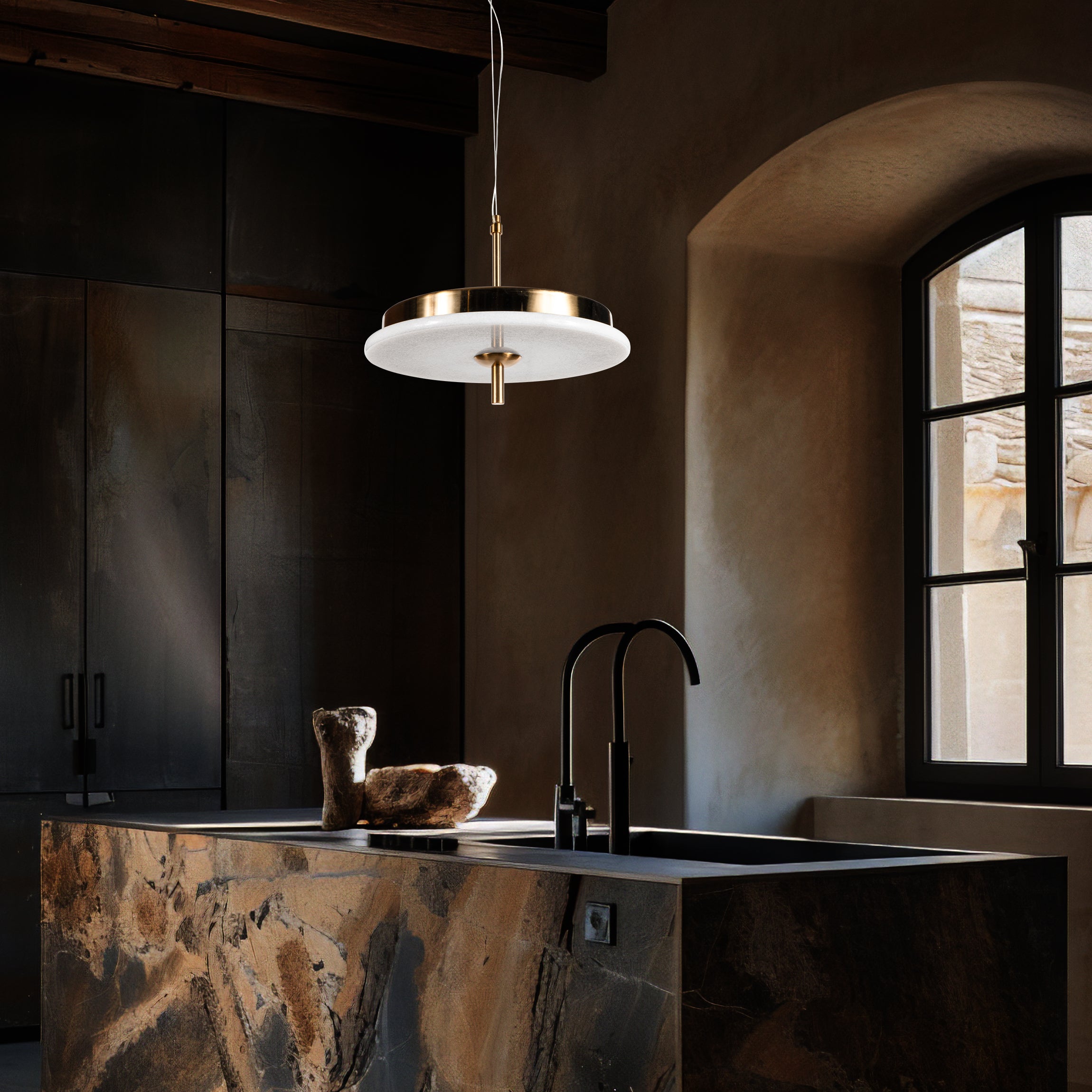 Luxury Marble LED Pendant Light for Dining Table & Kitchen Island – Custom Brass Fixture, Natural Stone Disc Chandelier, Alabaster Marble