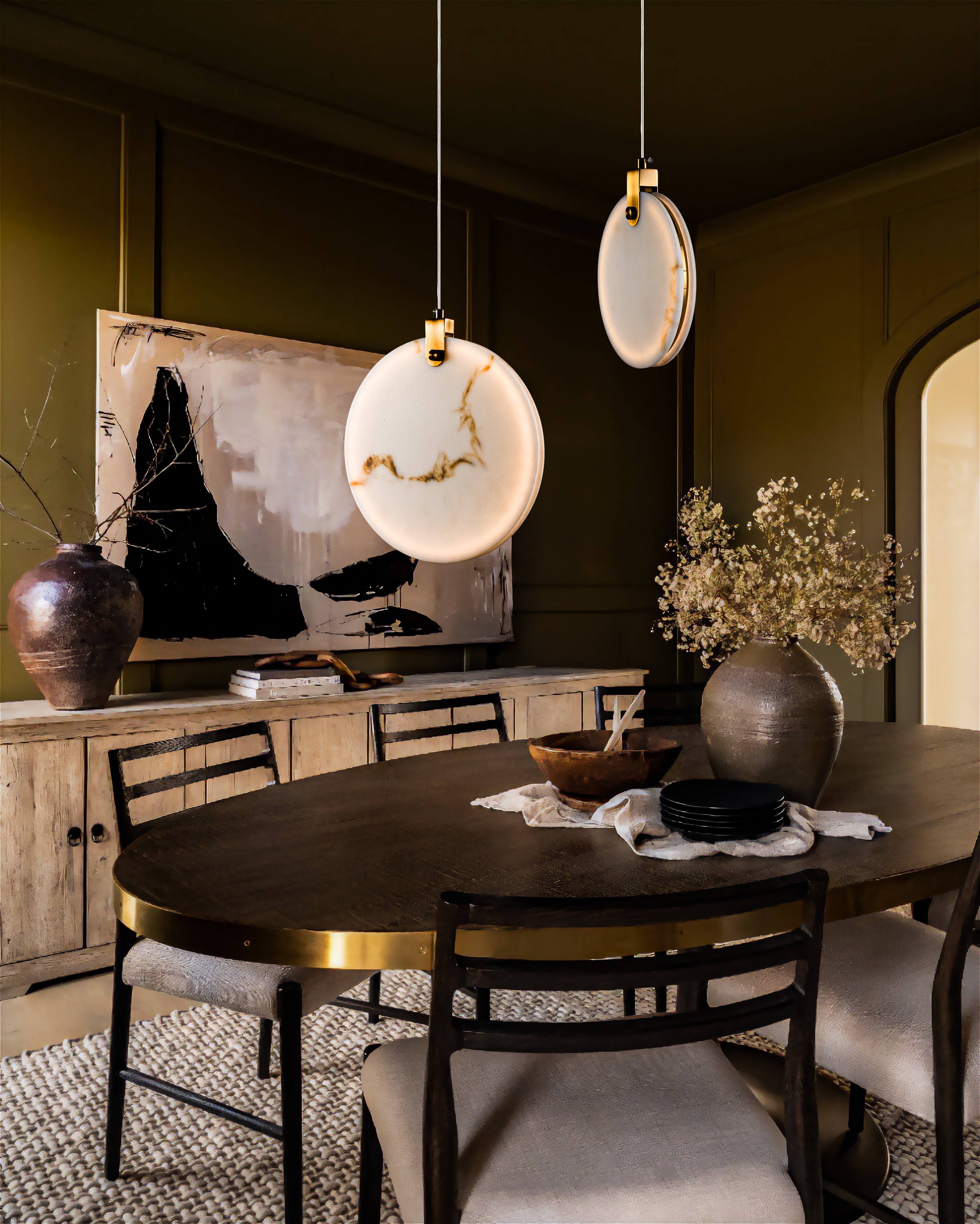 Round Canopy Marble Disc Pendant Light, Natural Alabaster Dining Table Lighting, Staircase Multi Chandelier, Organic Modern, Nordic Style, Custom Detail