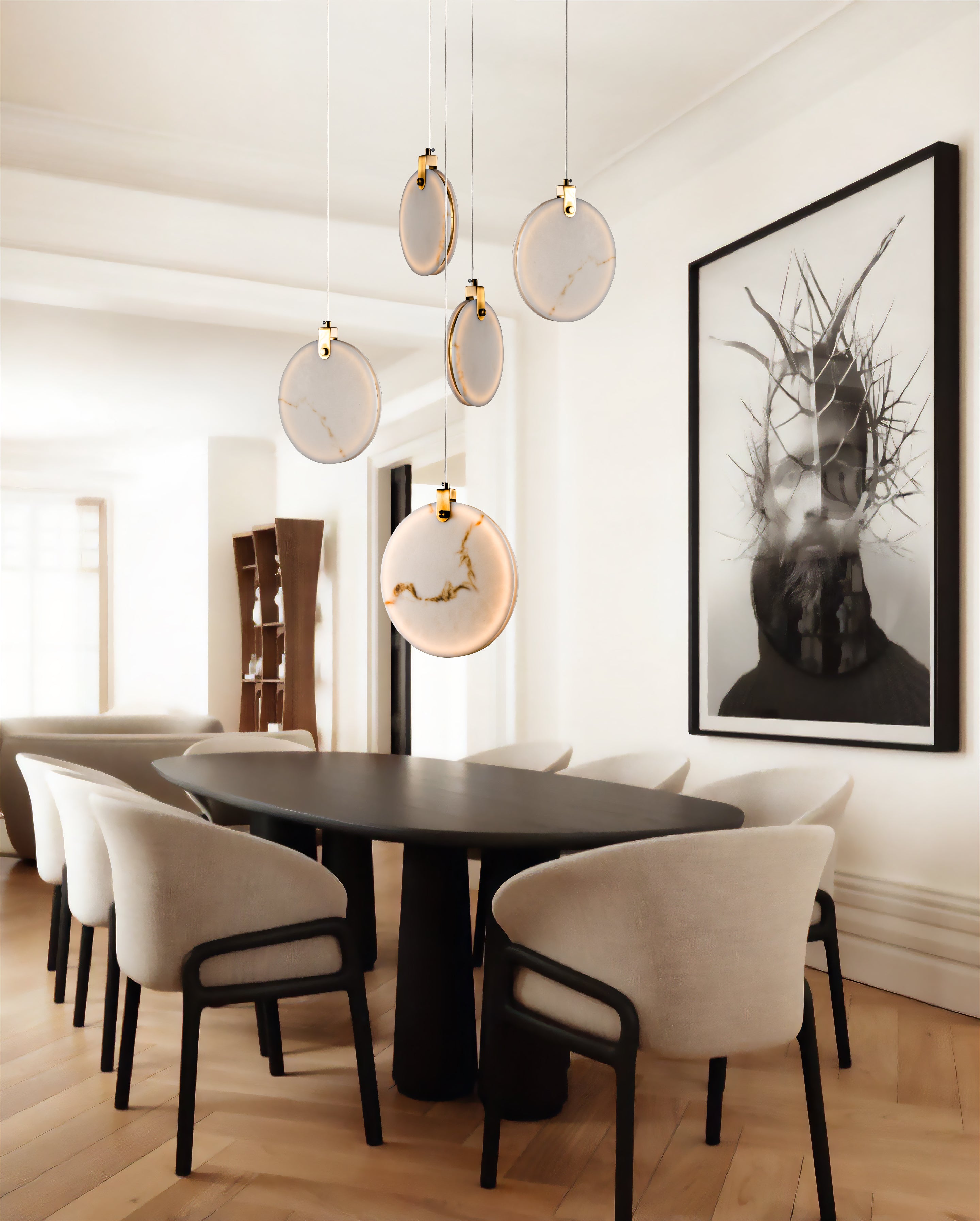 Round Canopy Marble Disc Pendant Light, Natural Alabaster Dining Table Lighting, Staircase Multi Chandelier, Organic Modern, Nordic Style, Custom Detail