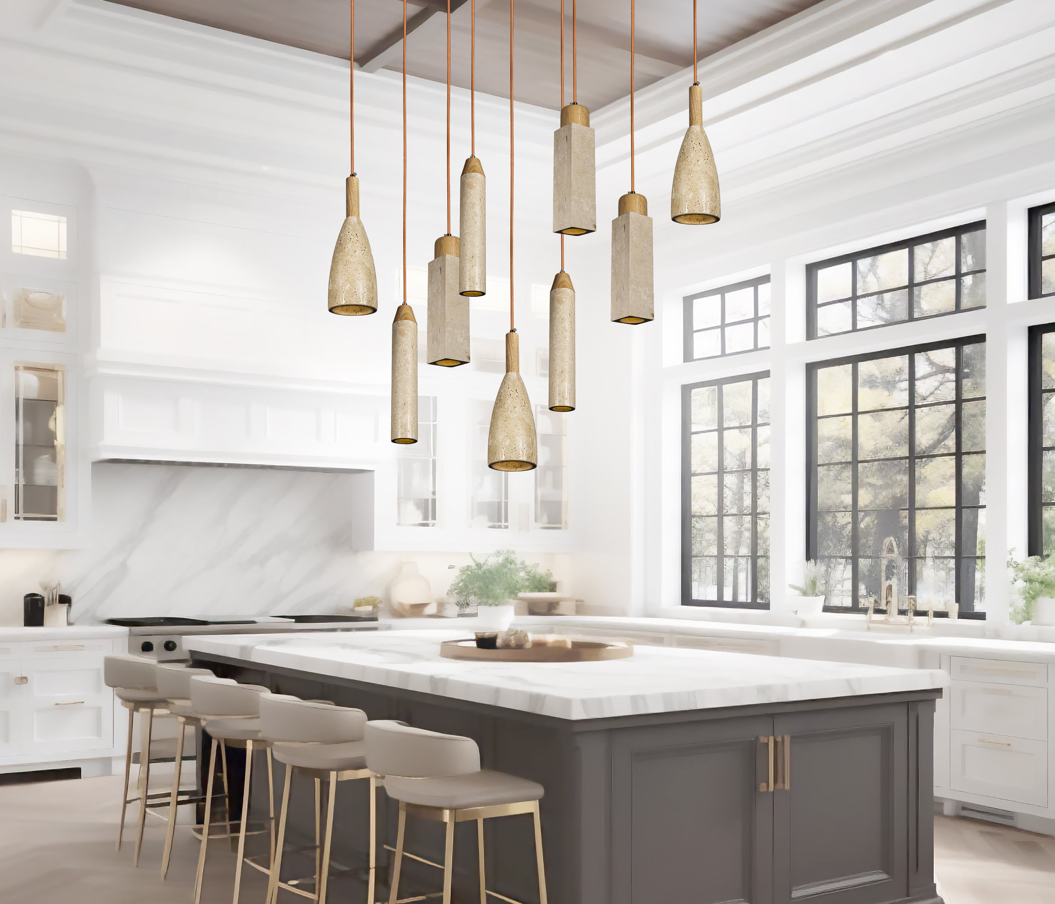 Custom Made Natural Marble Multi Light Pendant, Stone Pendant, Wabi Sabi, Nordic Style Home Decor, Cylinder, Cone, Rectangular, Wood Details