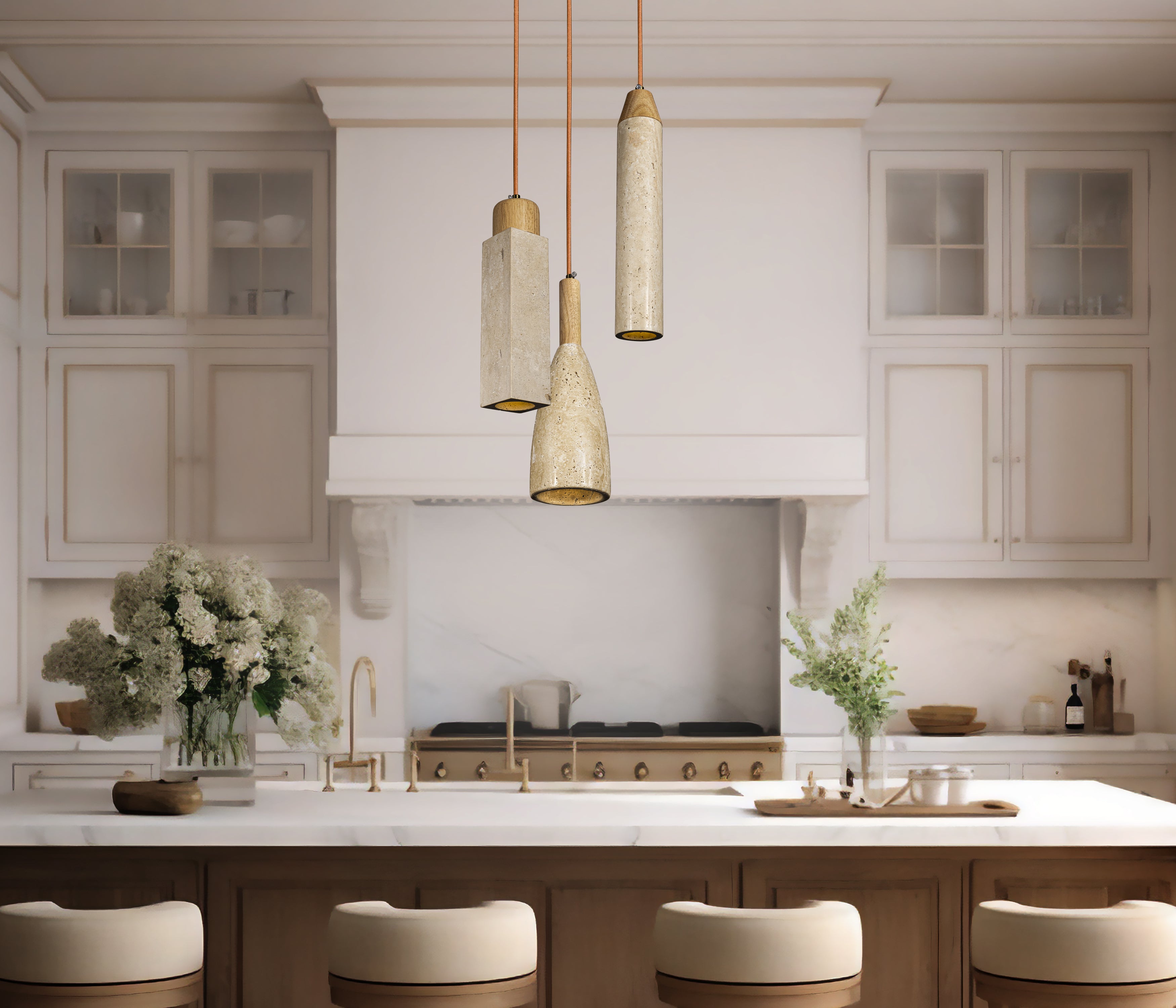 Custom Made Natural Marble Multi Light Pendant, Stone Pendant, Wabi Sabi, Nordic Style Home Decor, Cylinder, Cone, Rectangular, Wood Details