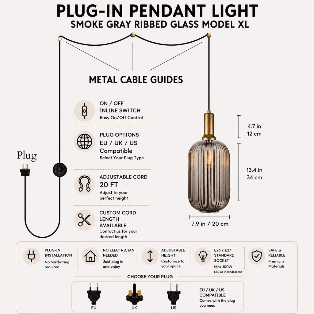 Custom Plug In Pendant Light with Switch, Model XL