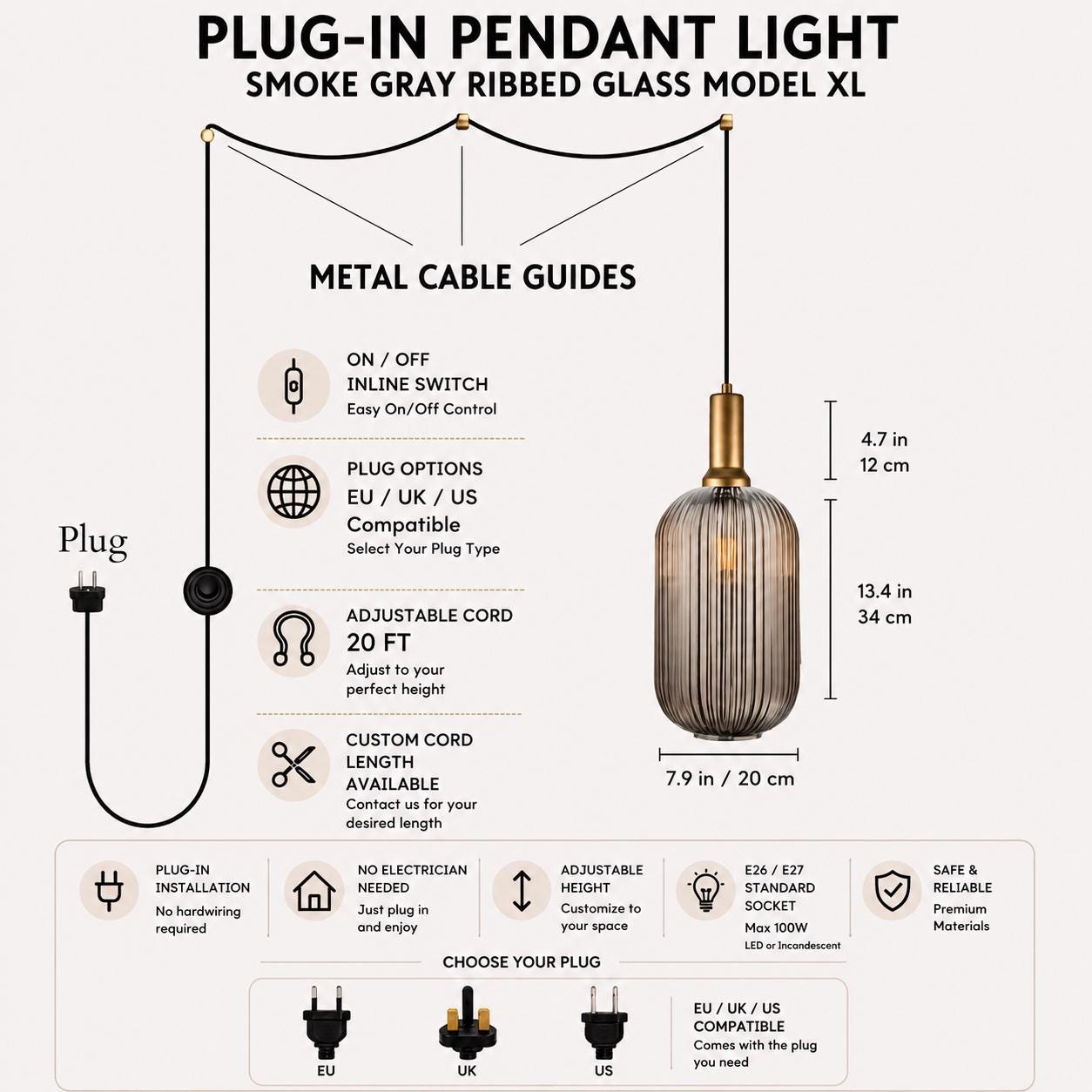 Custom Plug In Pendant Light with Switch, Model XL