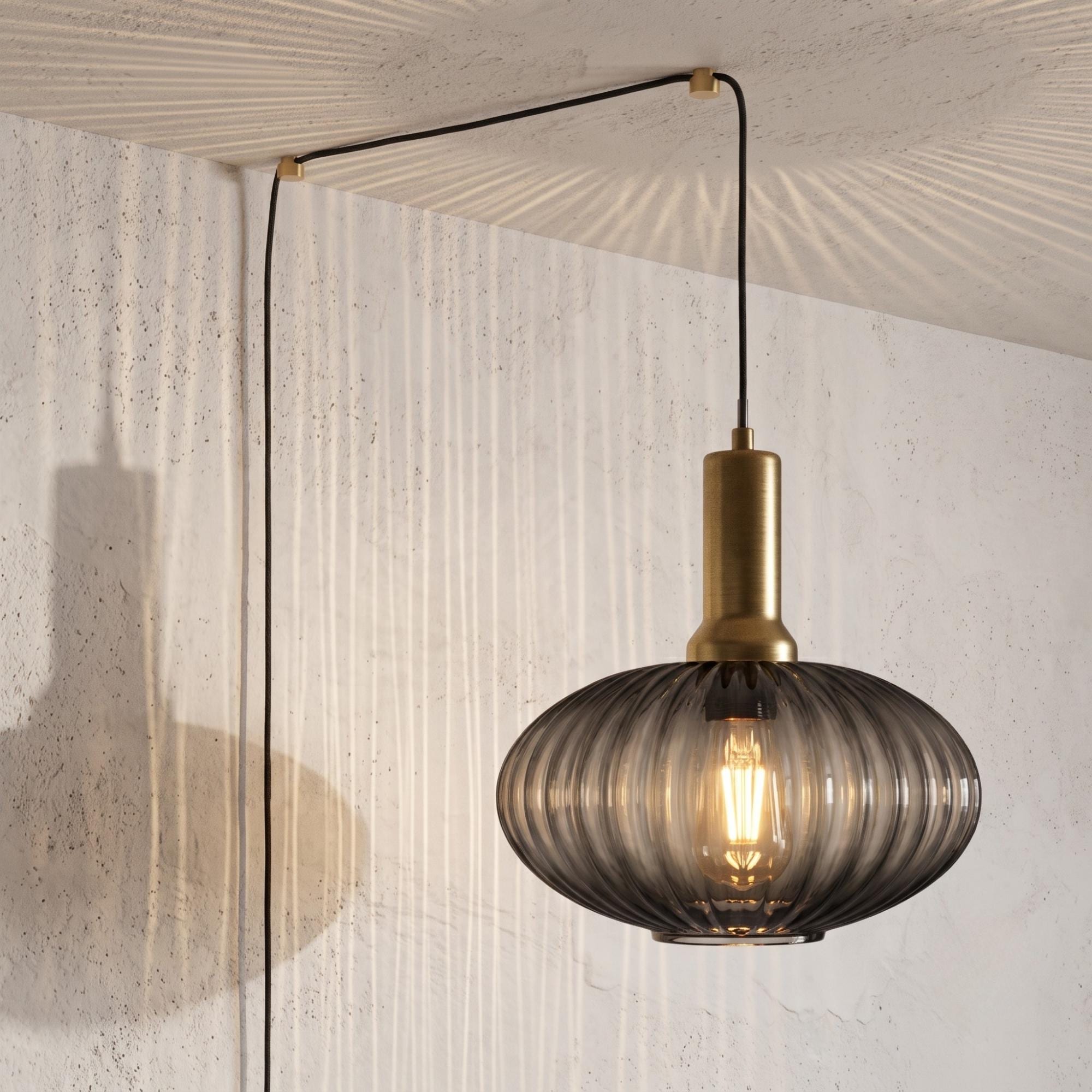 Reeded Glass Plug In Ceiling Light | Easy Install Hanging Light, Model L