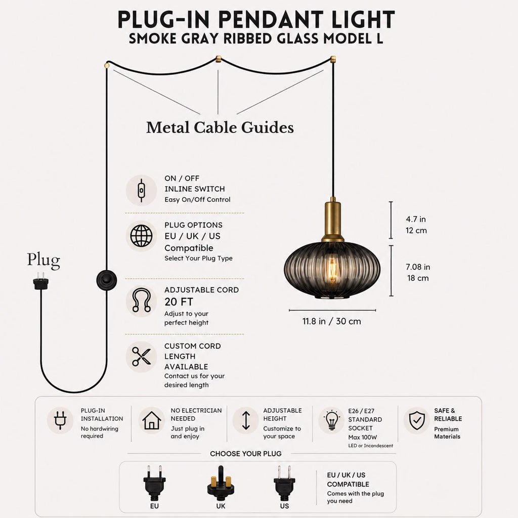 Reeded Glass Plug In Ceiling Light | Easy Install Hanging Light, Model L