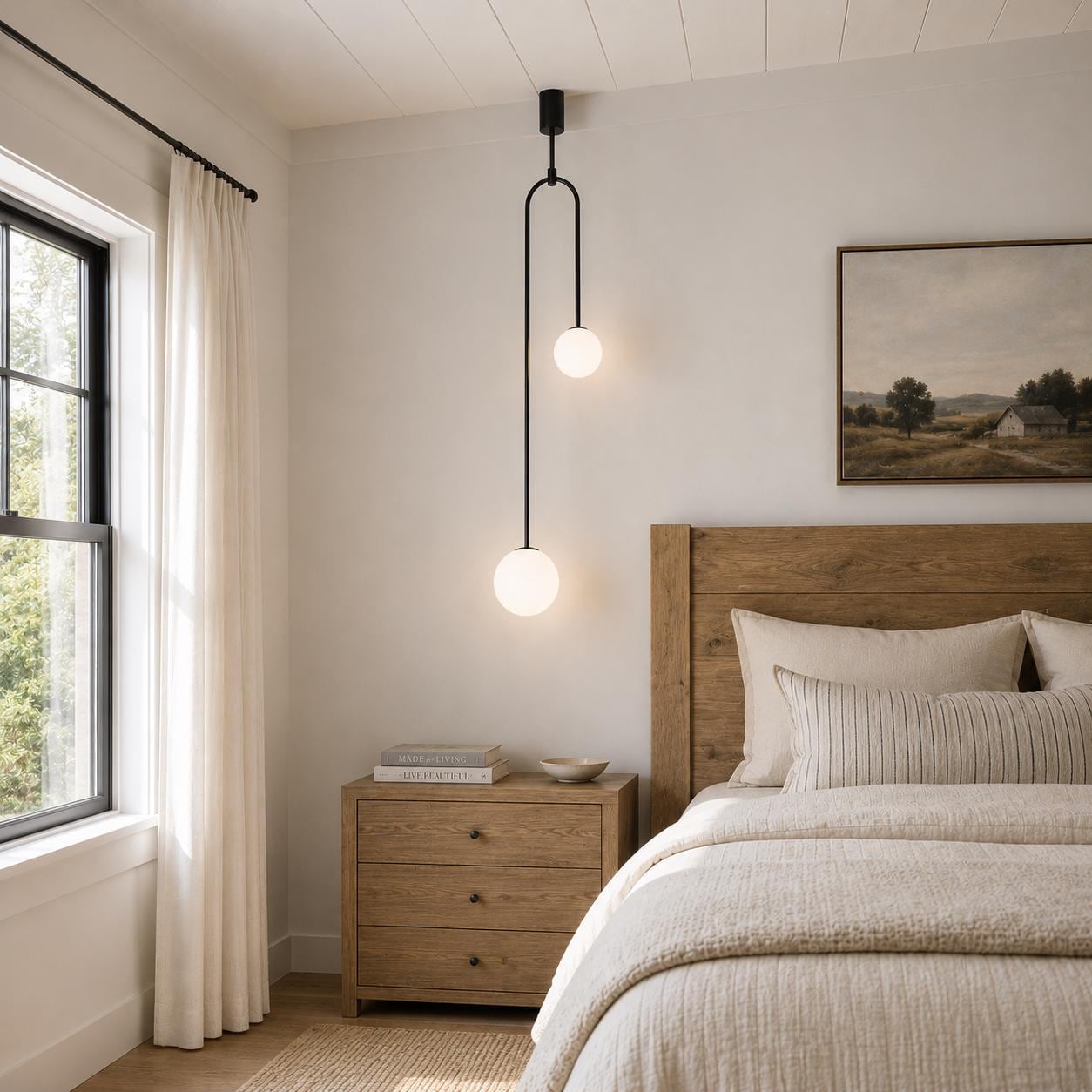 Modern Double Globe Pendant Light, Bedside Pendant Lamp, Opal Glass Ceiling Bedroom Lighting
