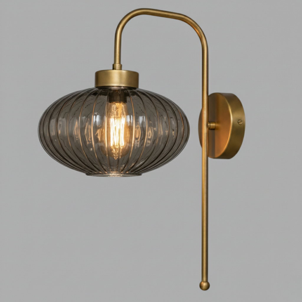 Custom Modern Ribbed Glass Wall Sconce, Smoke Amber Clear Glass, Bathroom Vanity Light, Mid-Century Bedside Lamp