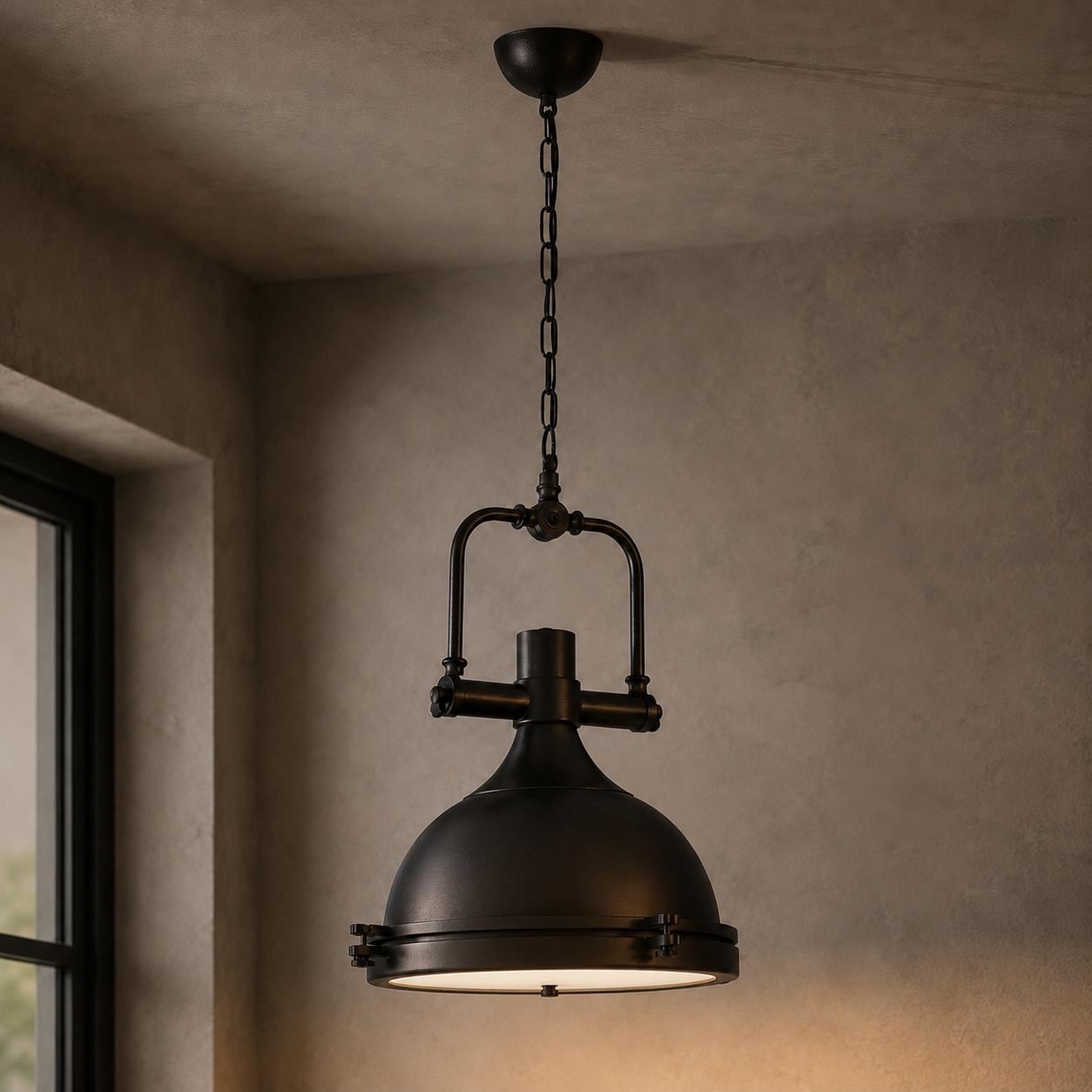 Industrial Farmhouse Pendant Light, Matte Black Metal