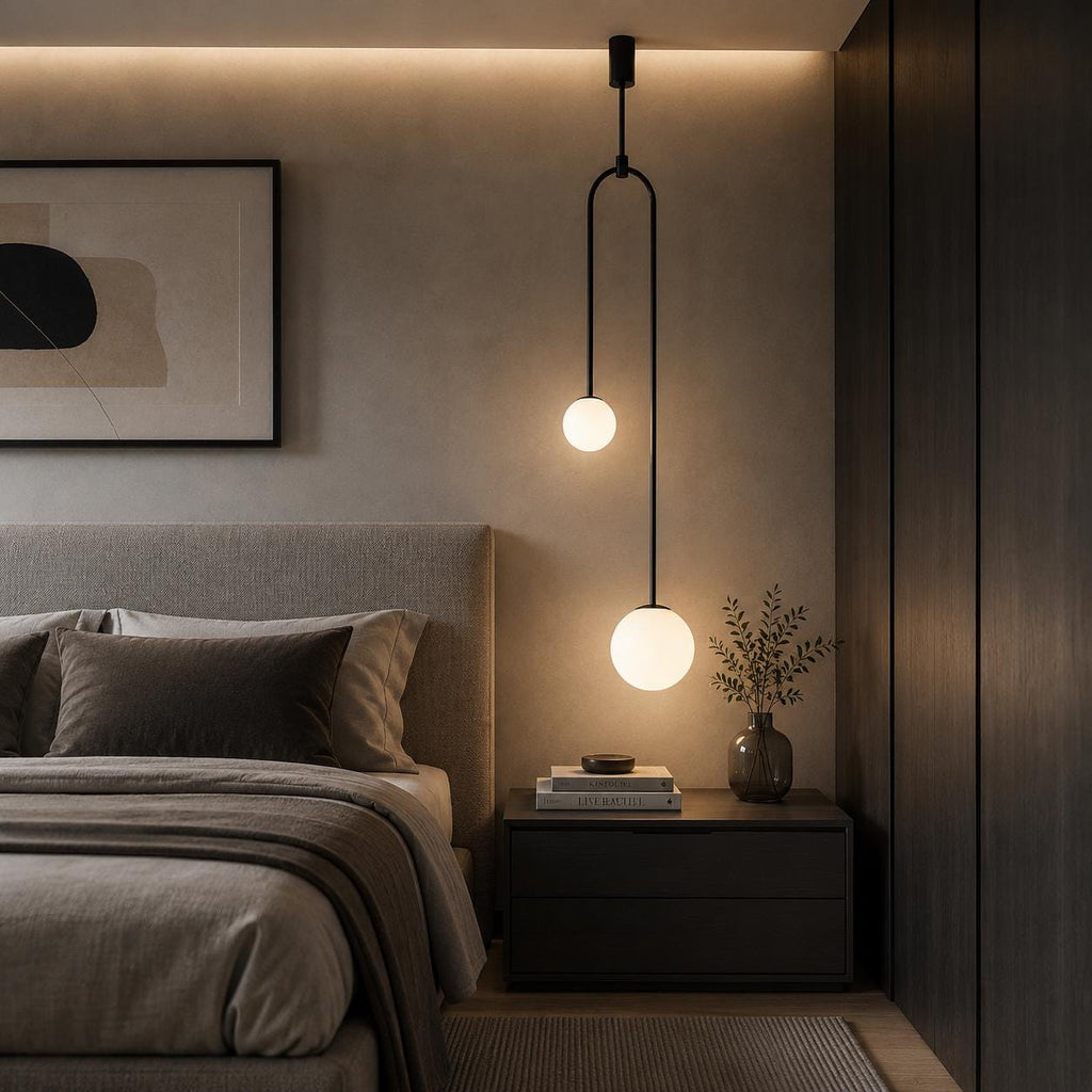 Modern Double Globe Pendant Light, Bedside Pendant Lamp, Opal Glass Ceiling Bedroom Lighting