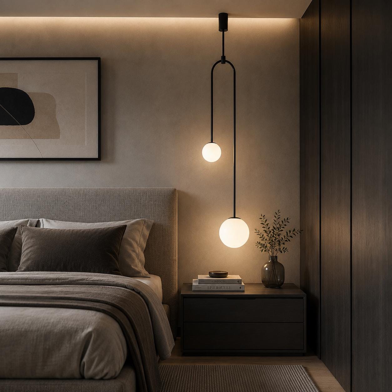 Modern Double Globe Pendant Light, Bedside Pendant Lamp, Opal Glass Ceiling Bedroom Lighting