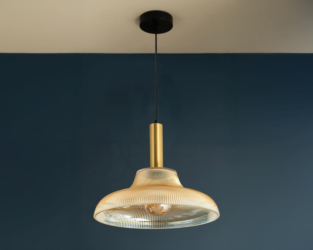 Retro Pleated Amber Glass Pendant Light