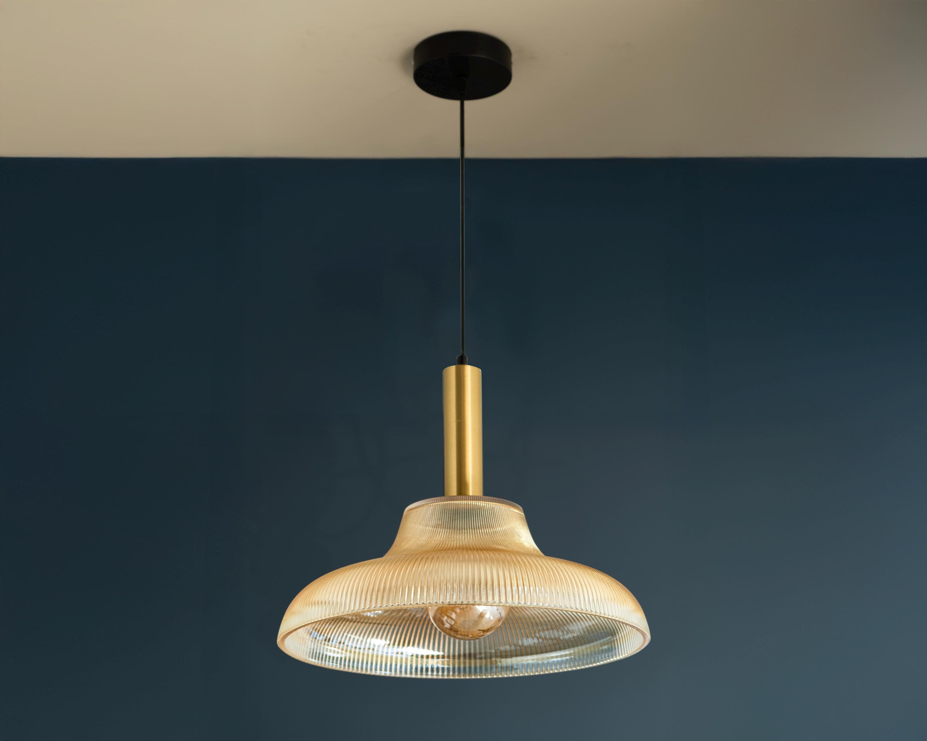 Retro Pleated Amber Glass Pendant Light
