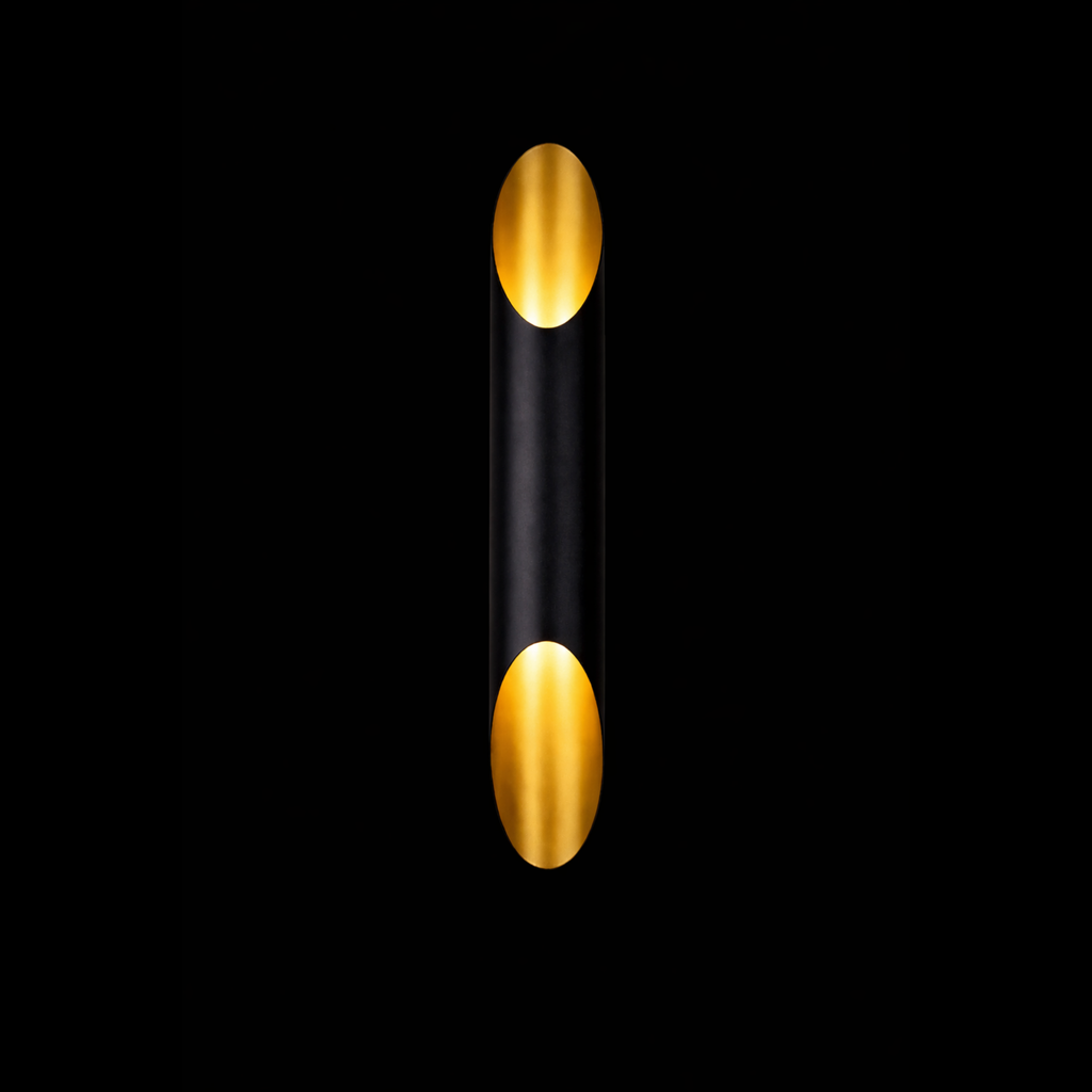 Modern Black & Gold Wall Sconce – Up Down Light – Minimal Cylinder Wall Lamp – Contemporary Interior Lighting – Luxury Matte Black Fixture