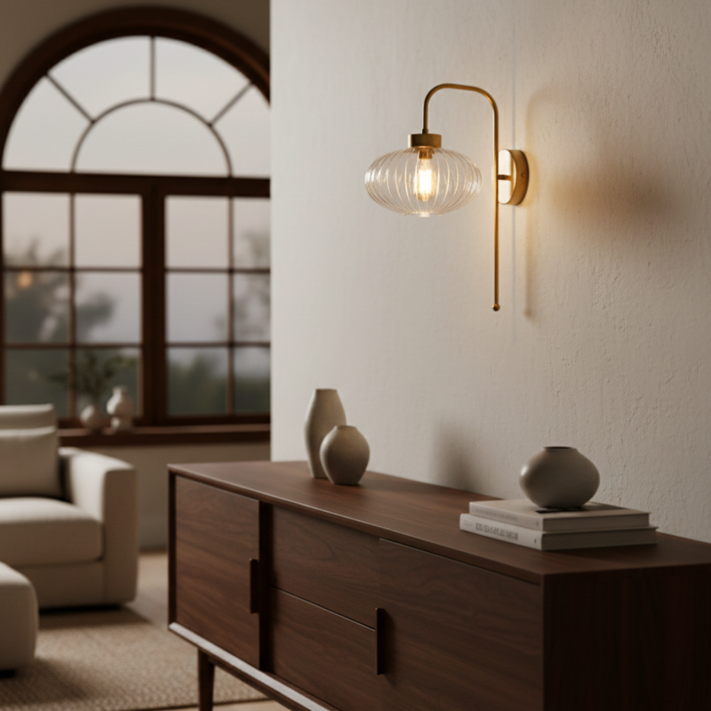 Custom Modern Ribbed Glass Wall Sconce, Smoke Amber Clear Glass, Bathroom Vanity Light, Mid-Century Bedside Lamp