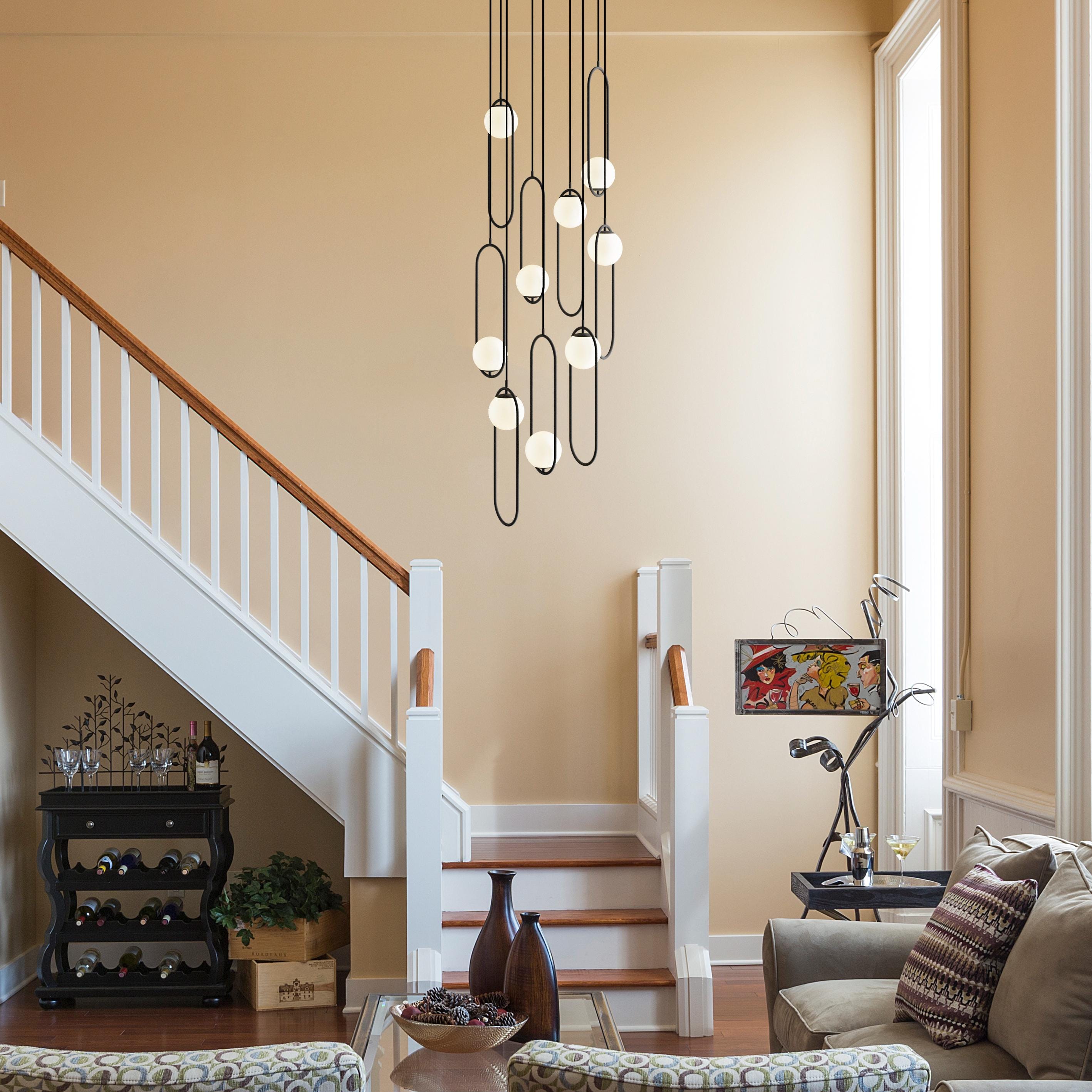 Modern Stairs Multi-Light Pendant: Stairwell Chandelier -Black & Gold Oversized Living Room Light - High Ceiling Staircase Chandelier