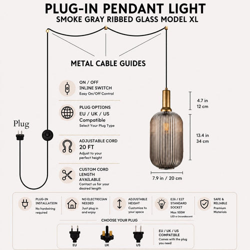 Clear  Ribbed Glass Plug In Pendant Light with Switch, Model XL