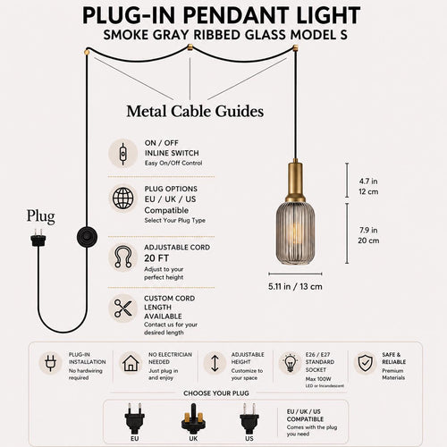 Custom Plug In Pendant Light with Switch, Model S