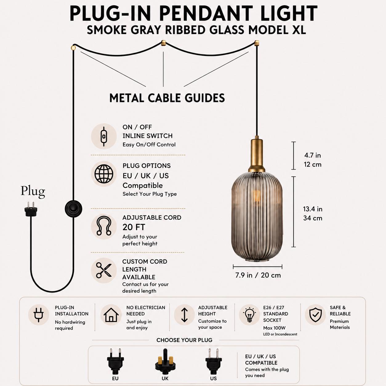Plug In Pendant Light with Switch, Model XL