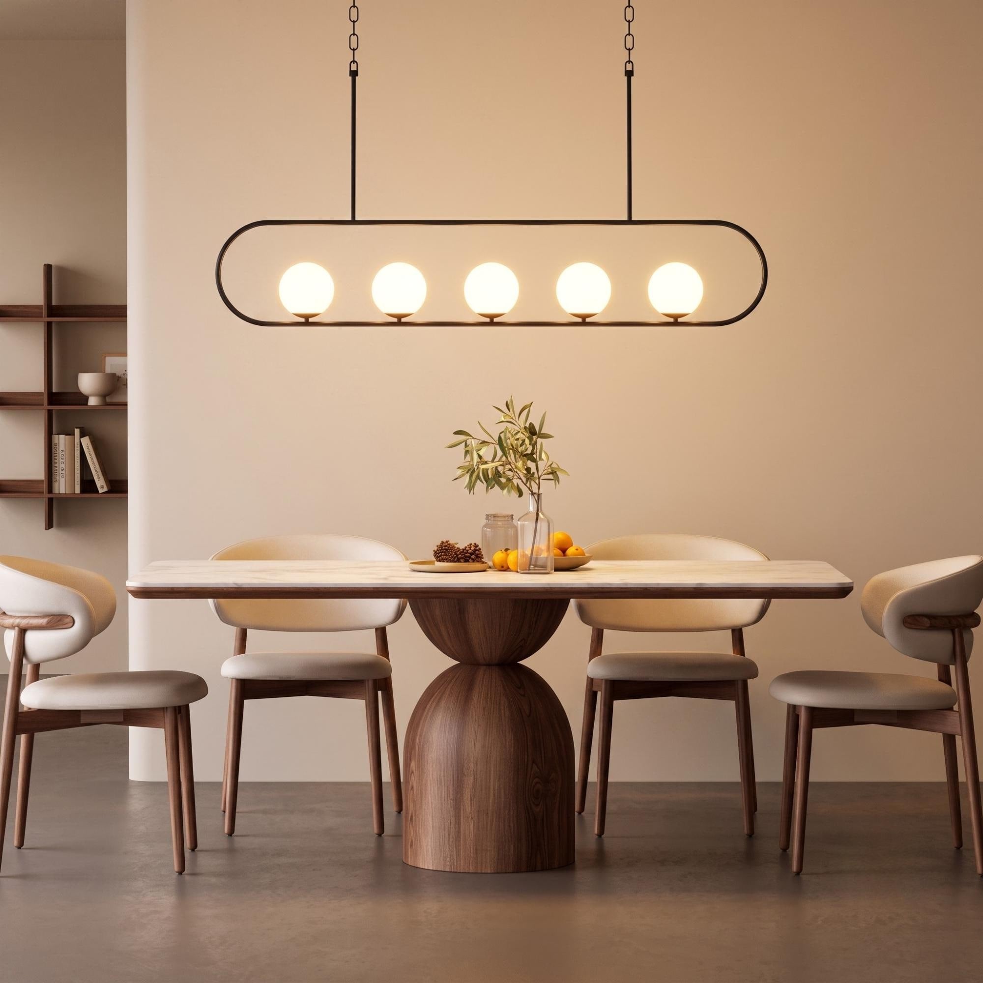 Handmade 5-light linear globe chandelier in black-gold powder coated finish with matte white glass globes for dining tables and kitchen islands.
