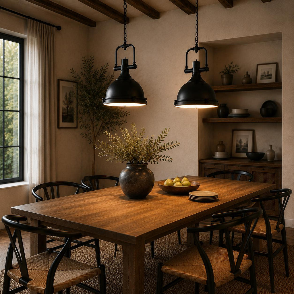 Industrial Farmhouse Pendant Light, Matte Black Metal