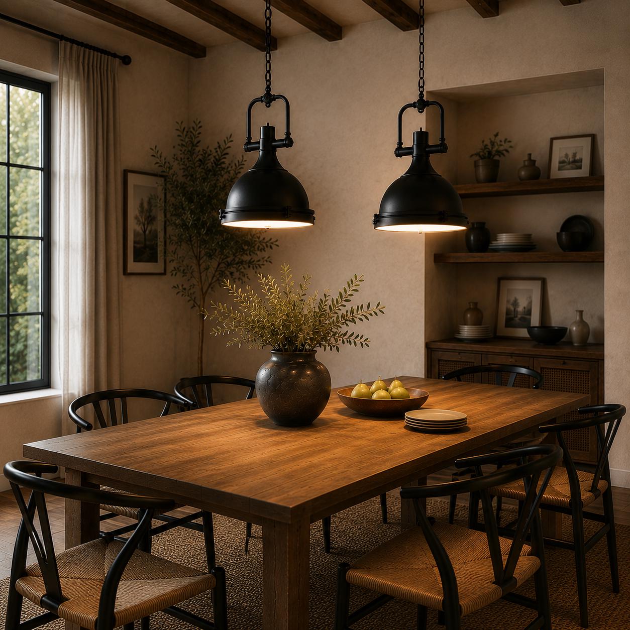 Industrial Farmhouse Pendant Light, Matte Black Metal