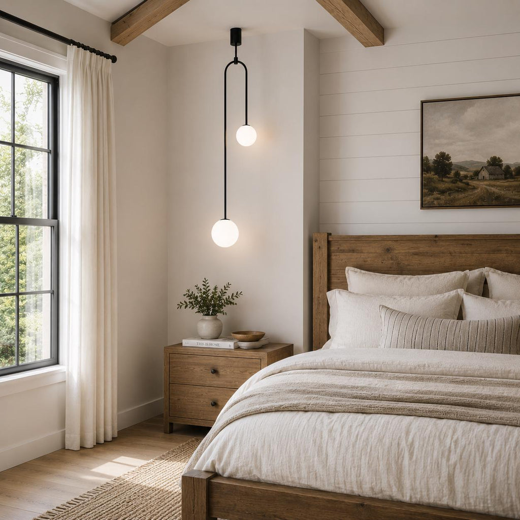 Modern Double Globe Pendant Light, Bedside Pendant Lamp, Opal Glass Ceiling Bedroom Lighting