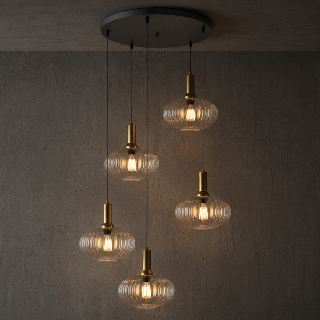 Modern Glass Pendant Lighting: Custom Ribbed Glass Chandelier