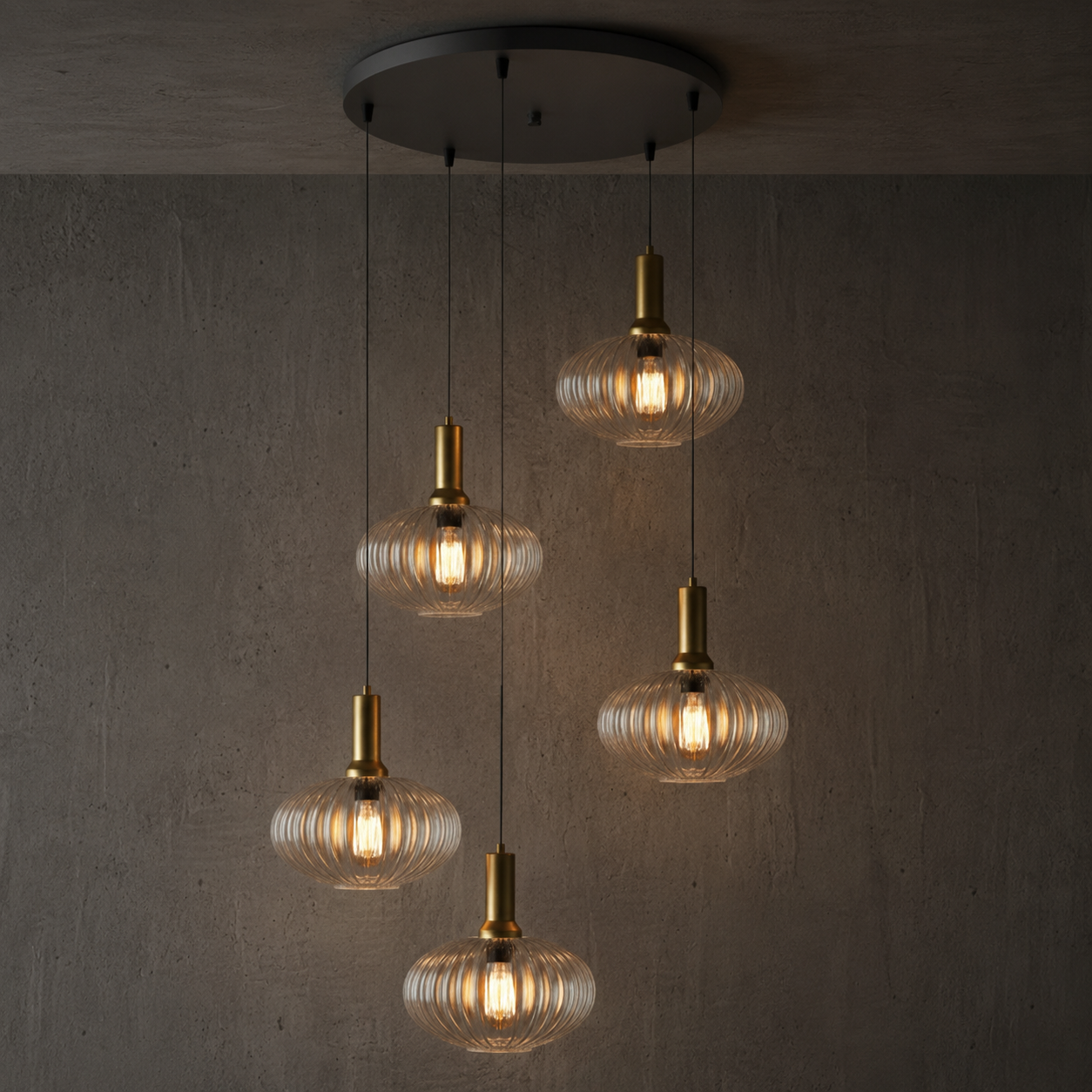Modern Glass Pendant Lighting: Custom Ribbed Glass Chandelier