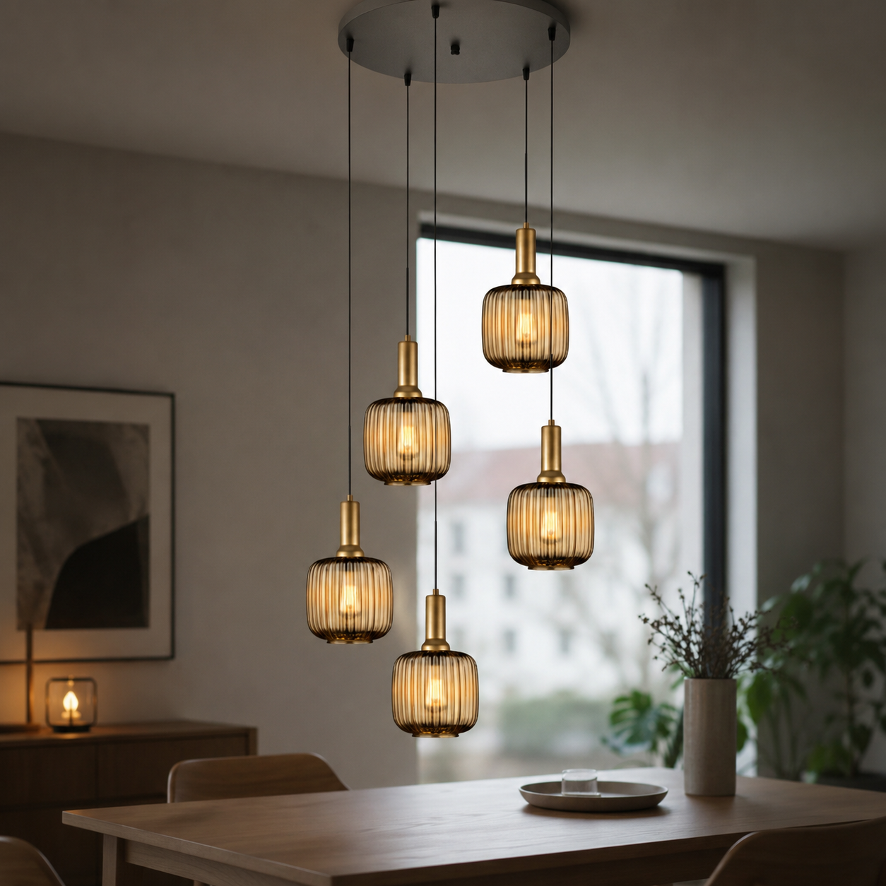 Amber Ribbed Glass Pendant Light: Modern Chandelier Lighting
