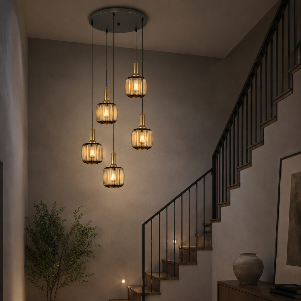 Amber Ribbed Glass Pendant Light: Modern Chandelier Lighting