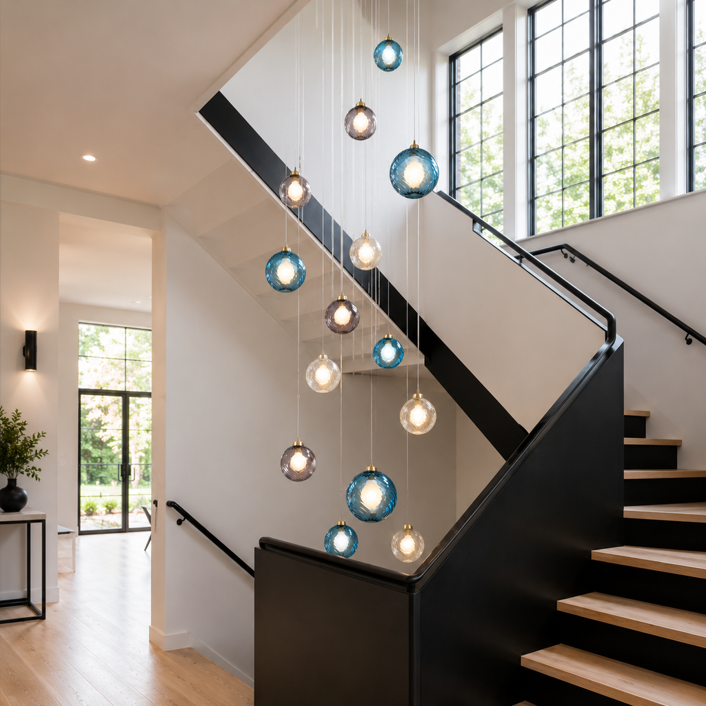 Modern Globe Chandelier, High Ceiling Pendant Light, Colorful Glass