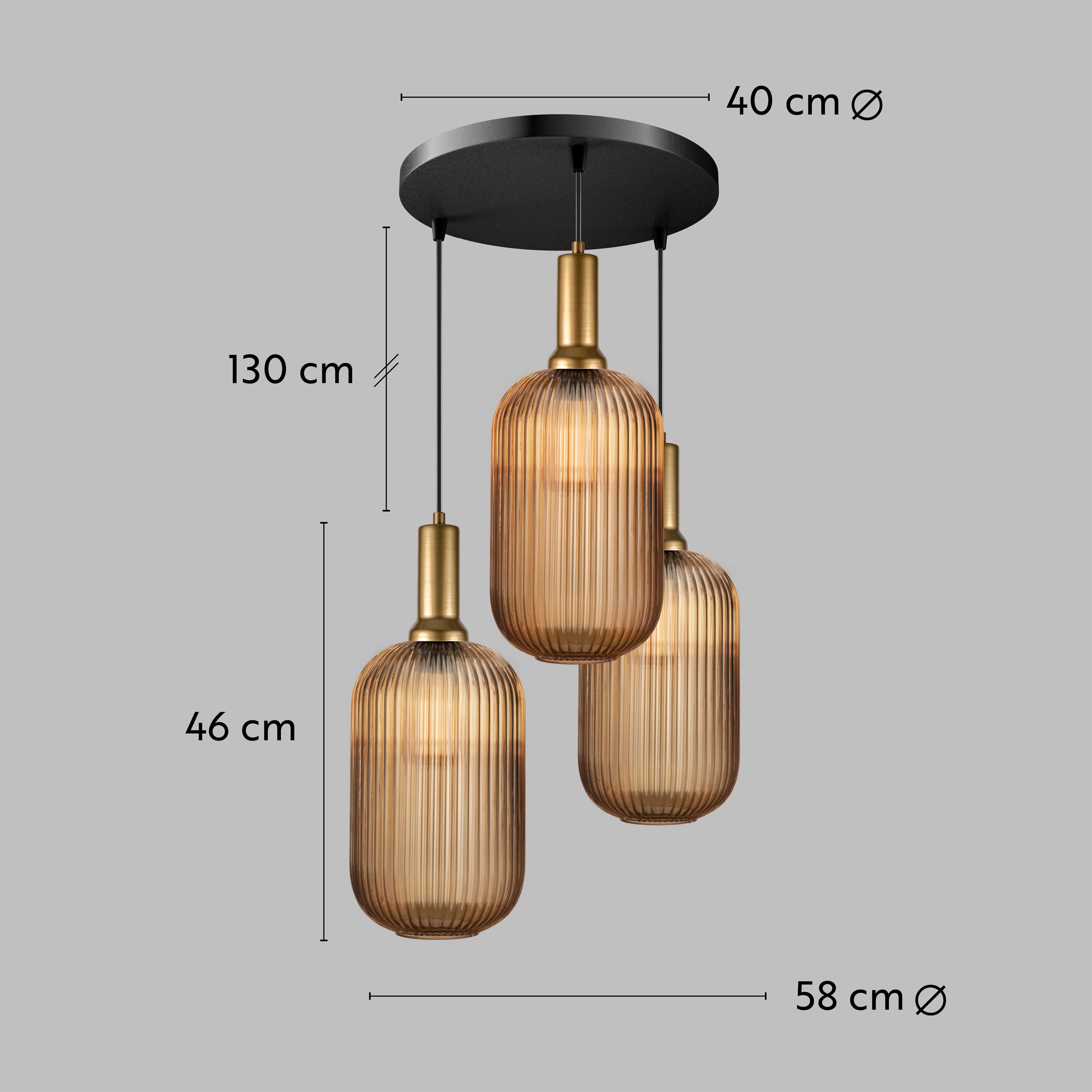 Long Glass Reeded Clear-Amber-Smoke Gray, Round Multi-Pendant Light for Stairs, Suitable for High Ceilings, 10 ft cord