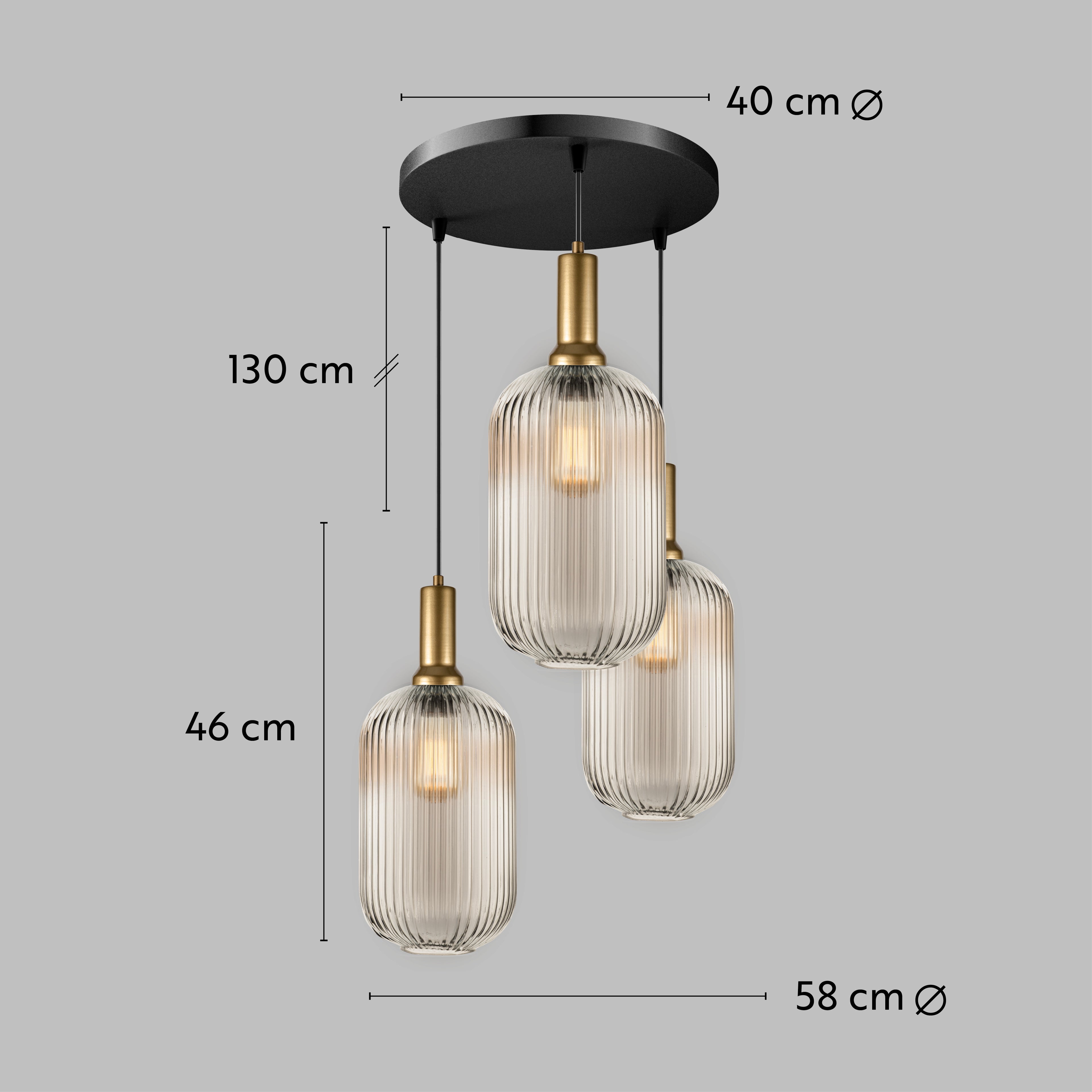 Long Glass Reeded Clear-Amber-Smoke Gray, Round Multi-Pendant Light for Stairs, Suitable for High Ceilings, 10 ft cord
