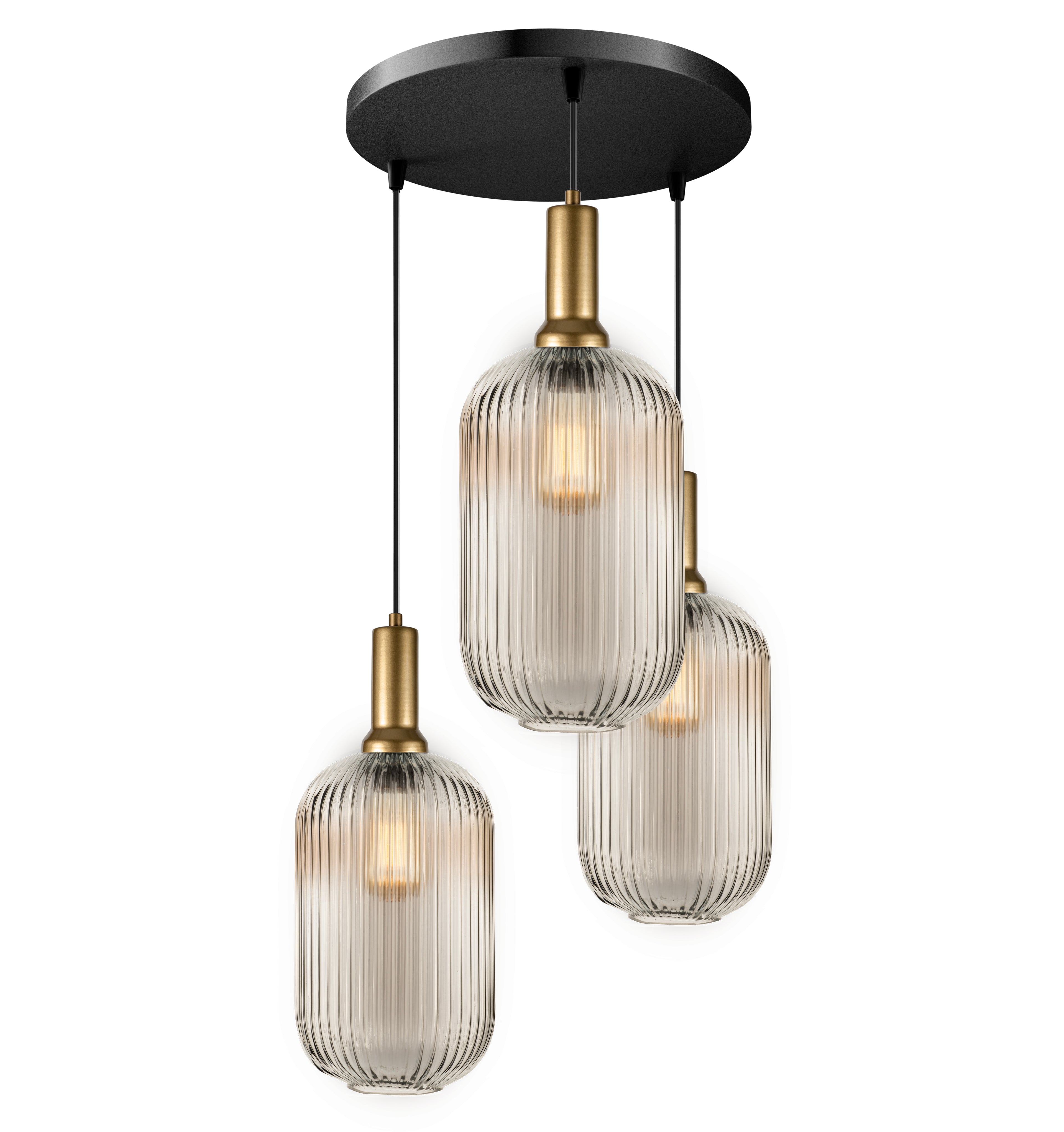 Long Glass Reeded Clear-Amber-Smoke Gray, Round Multi-Pendant Light for Stairs, Suitable for High Ceilings, 10 ft cord