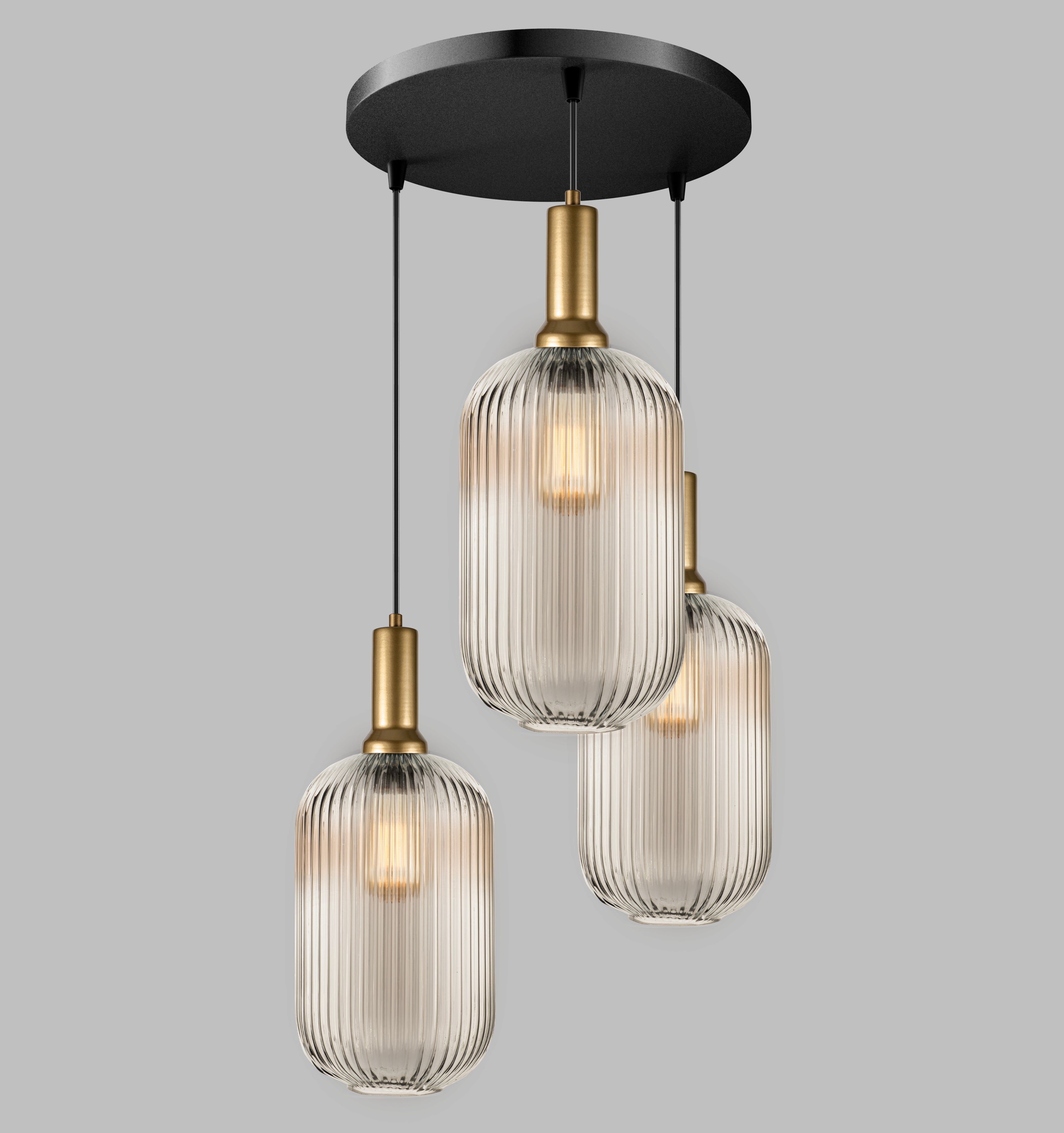 Long Glass Reeded Clear-Amber-Smoke Gray, Round Multi-Pendant Light for Stairs, Suitable for High Ceilings, 10 ft cord