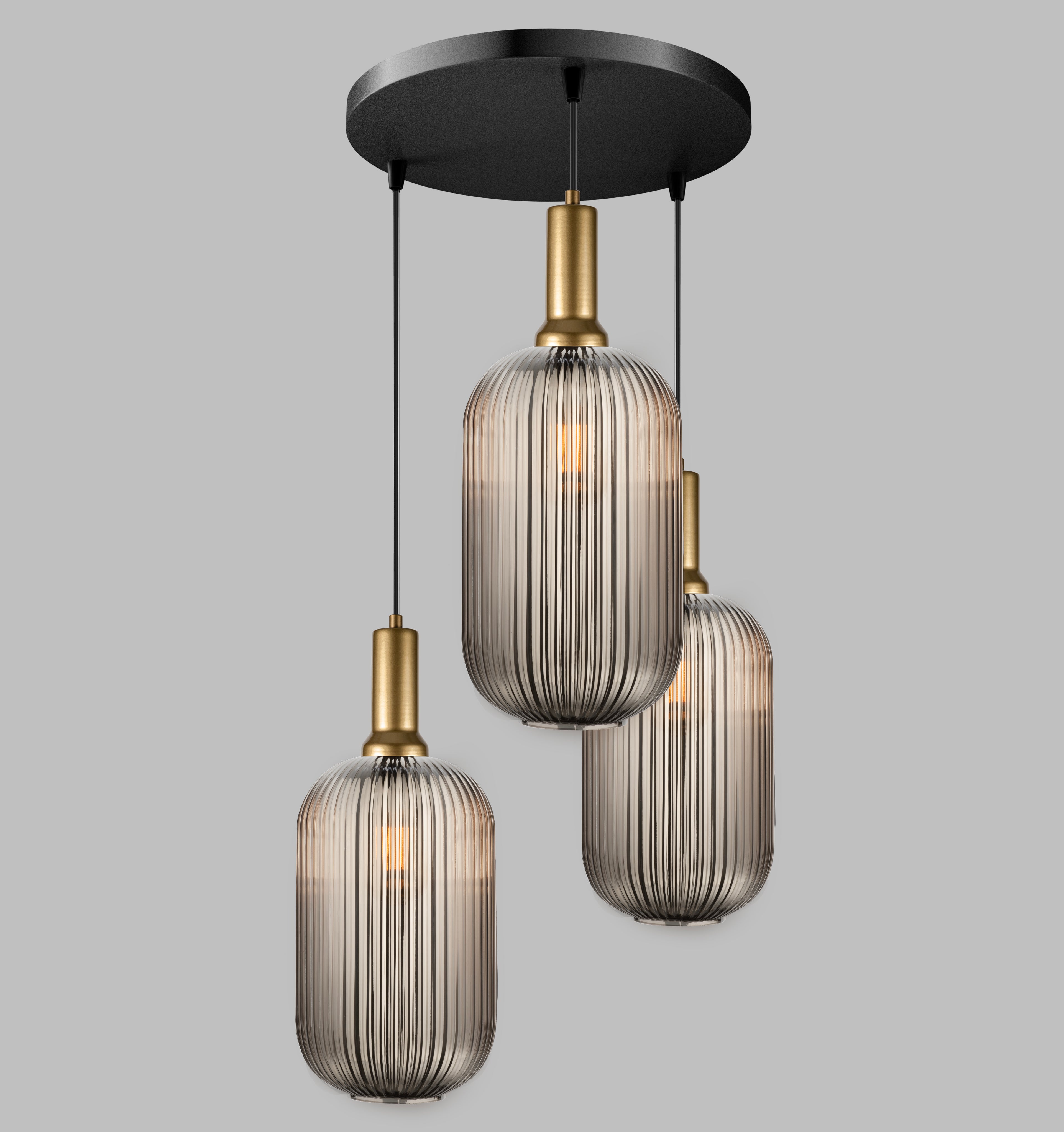 Long Glass Reeded Clear-Amber-Smoke Gray, Round Multi-Pendant Light for Stairs, Suitable for High Ceilings, 10 ft cord