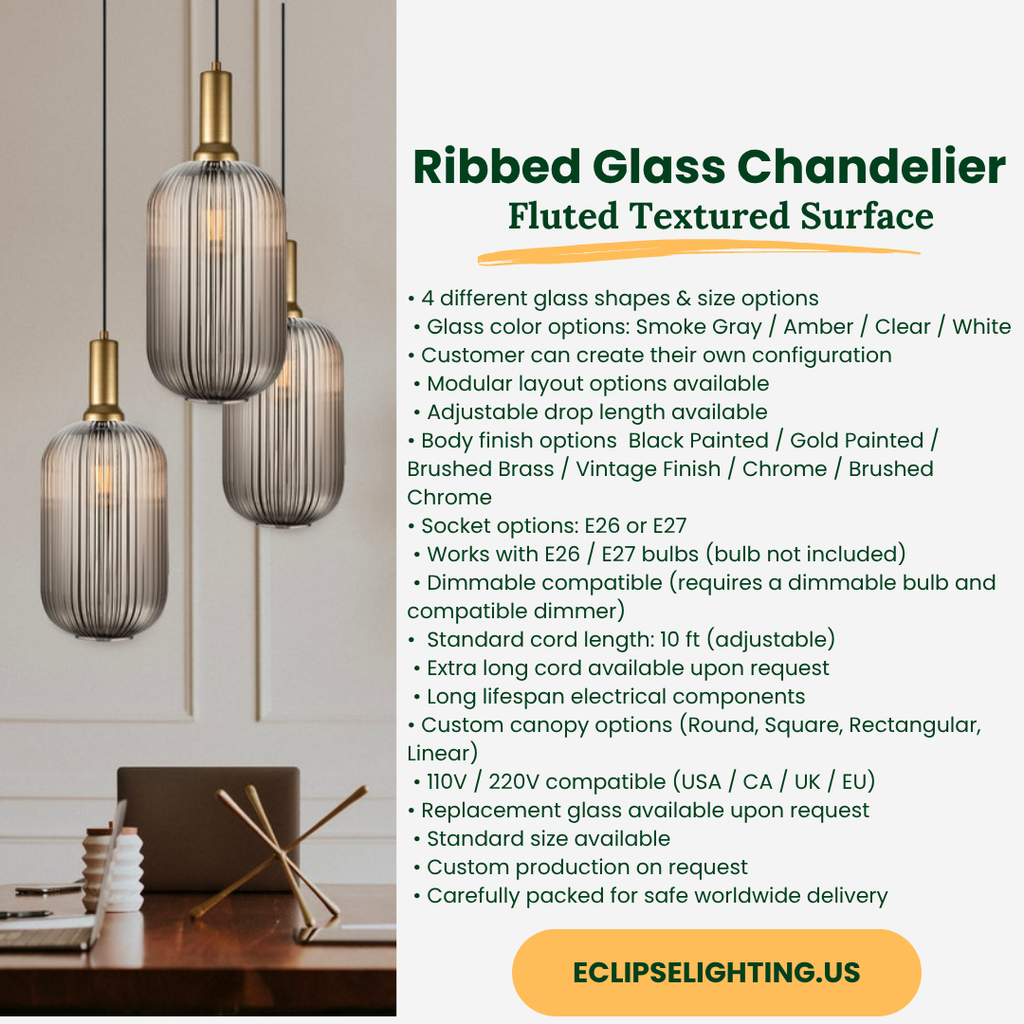 Smoke Gray Ribbed Glass Pendant Light: Modern Stairwell Chandelier